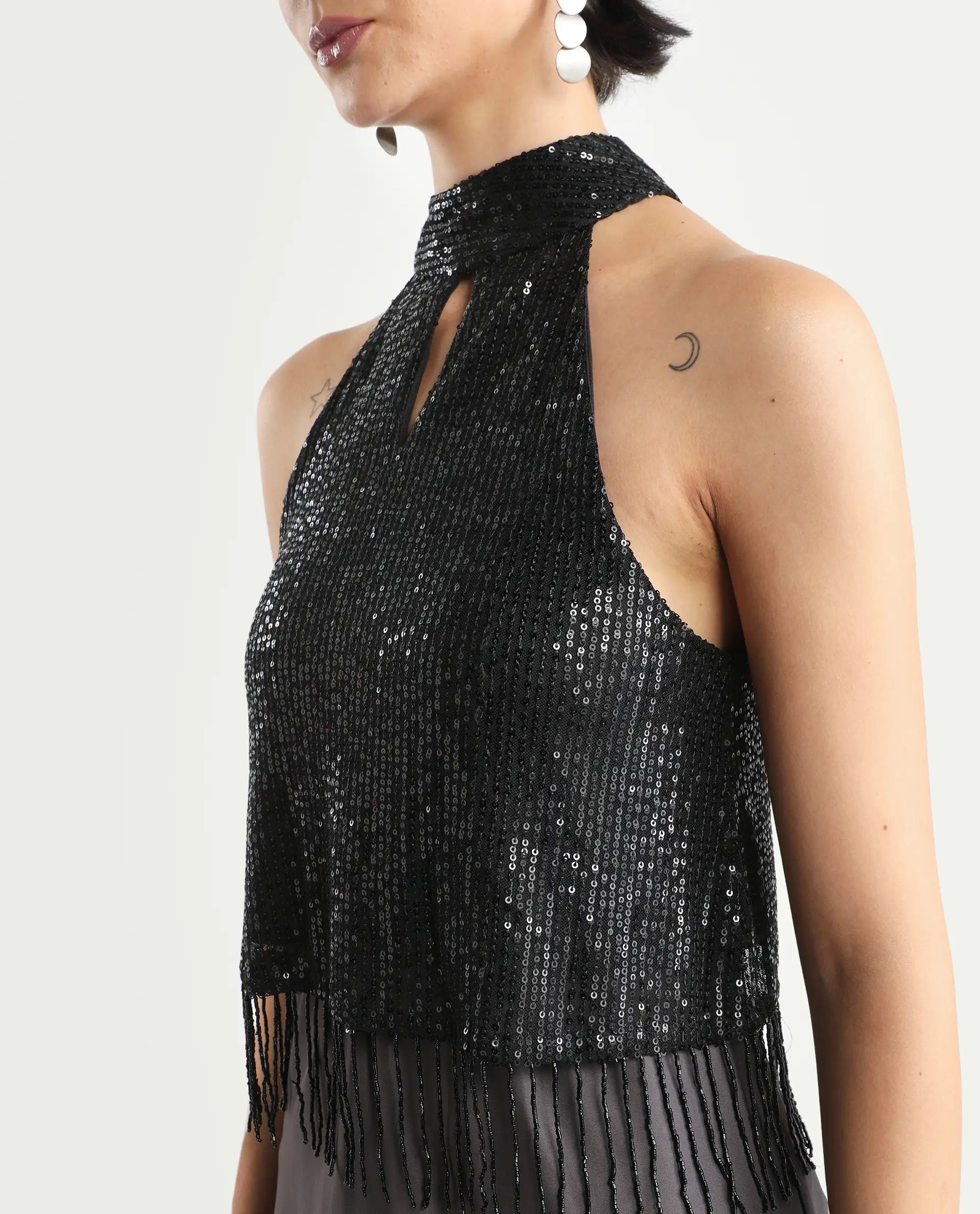 Rareism Women's Lovia Black Nylon Halter Neck Sequined Sleeveless Regular Fit Top