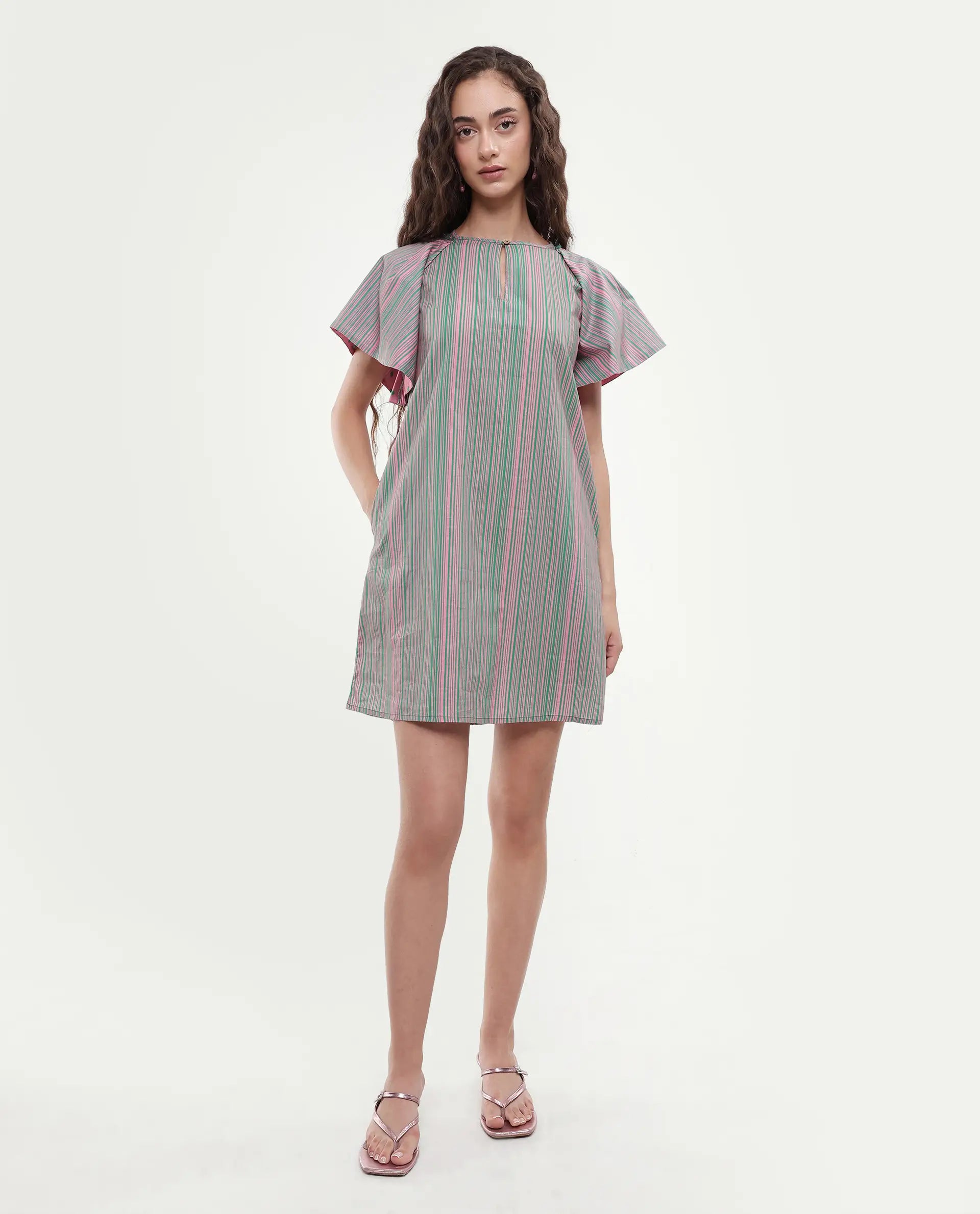 Rareism Women's Berta Pink Cotton Key Hole Neck Striped Ruffled Sleeve Mini Flared Dress