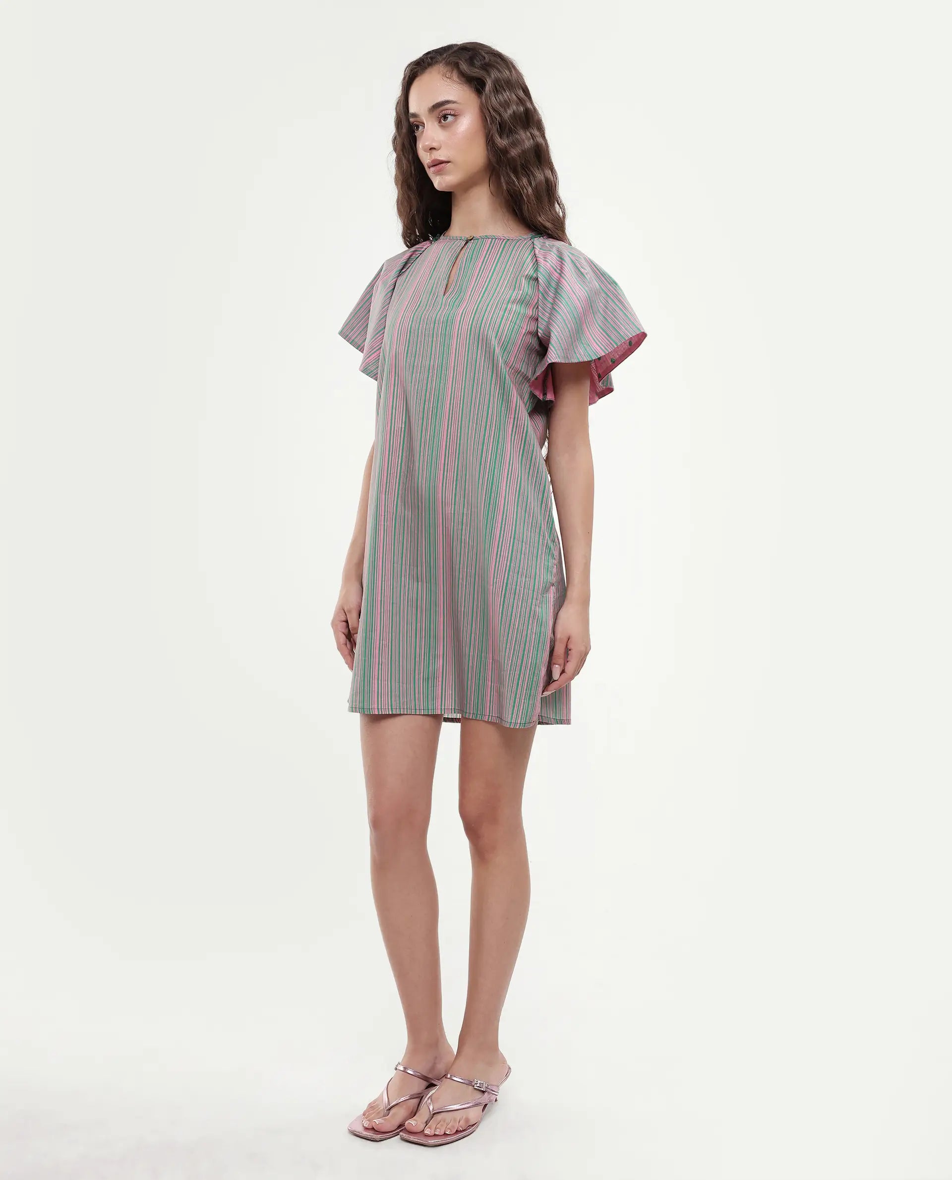 Rareism Women's Berta Pink Cotton Key Hole Neck Striped Ruffled Sleeve Mini Flared Dress