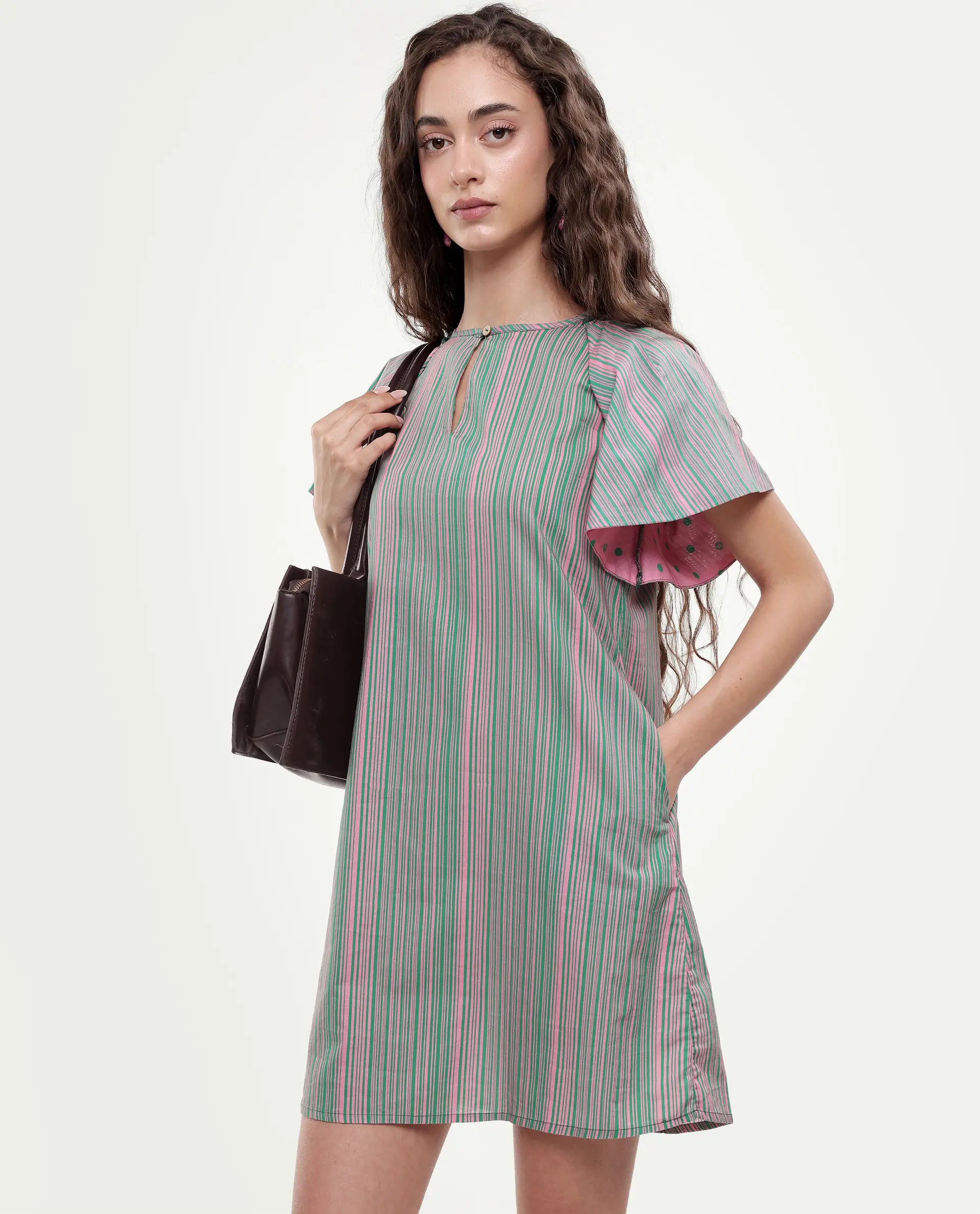 Rareism Women's Berta Pink Cotton Key Hole Neck Striped Ruffled Sleeve Mini Flared Dress