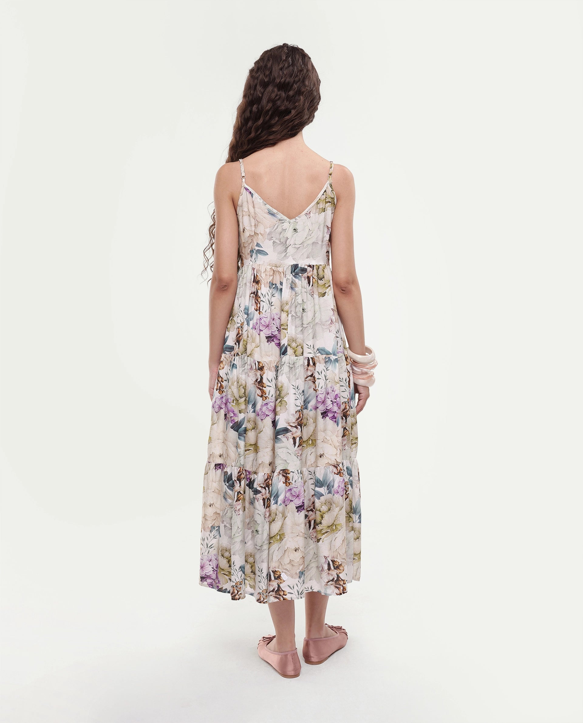 Rareism Women's Joanna Multi Cotton V-Neck Floral Print Shoulder Strap Midi Regular Fit Dress