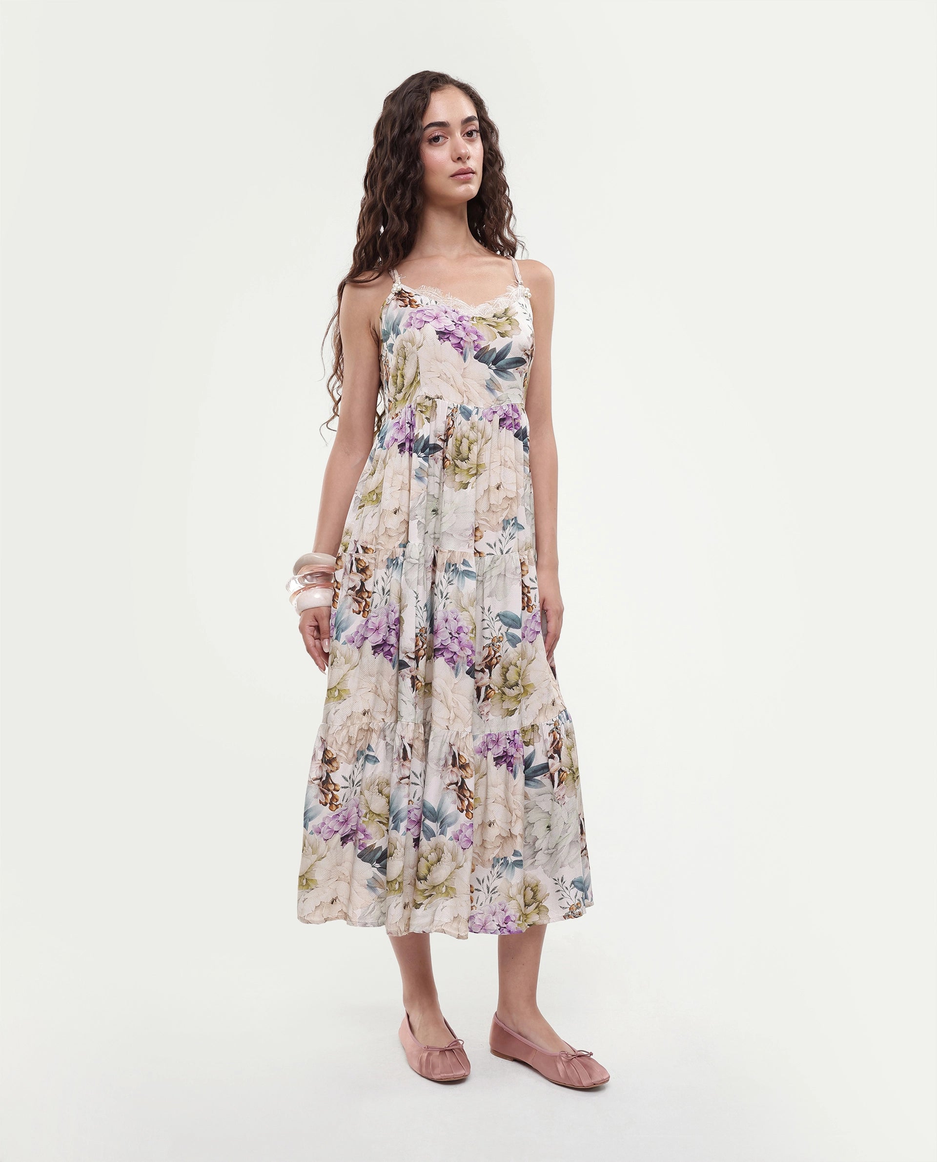 Rareism Women's Joanna Multi Cotton V-Neck Floral Print Shoulder Strap Midi Regular Fit Dress