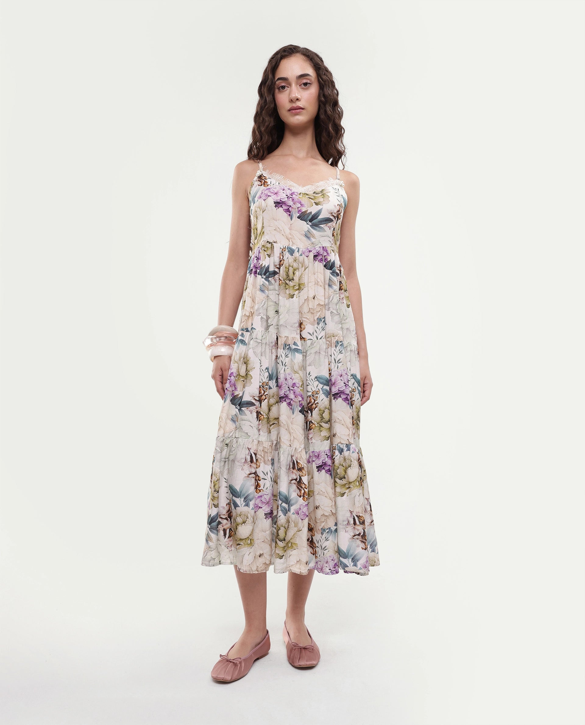 Rareism Women's Joanna Multi Cotton V-Neck Floral Print Shoulder Strap Midi Regular Fit Dress
