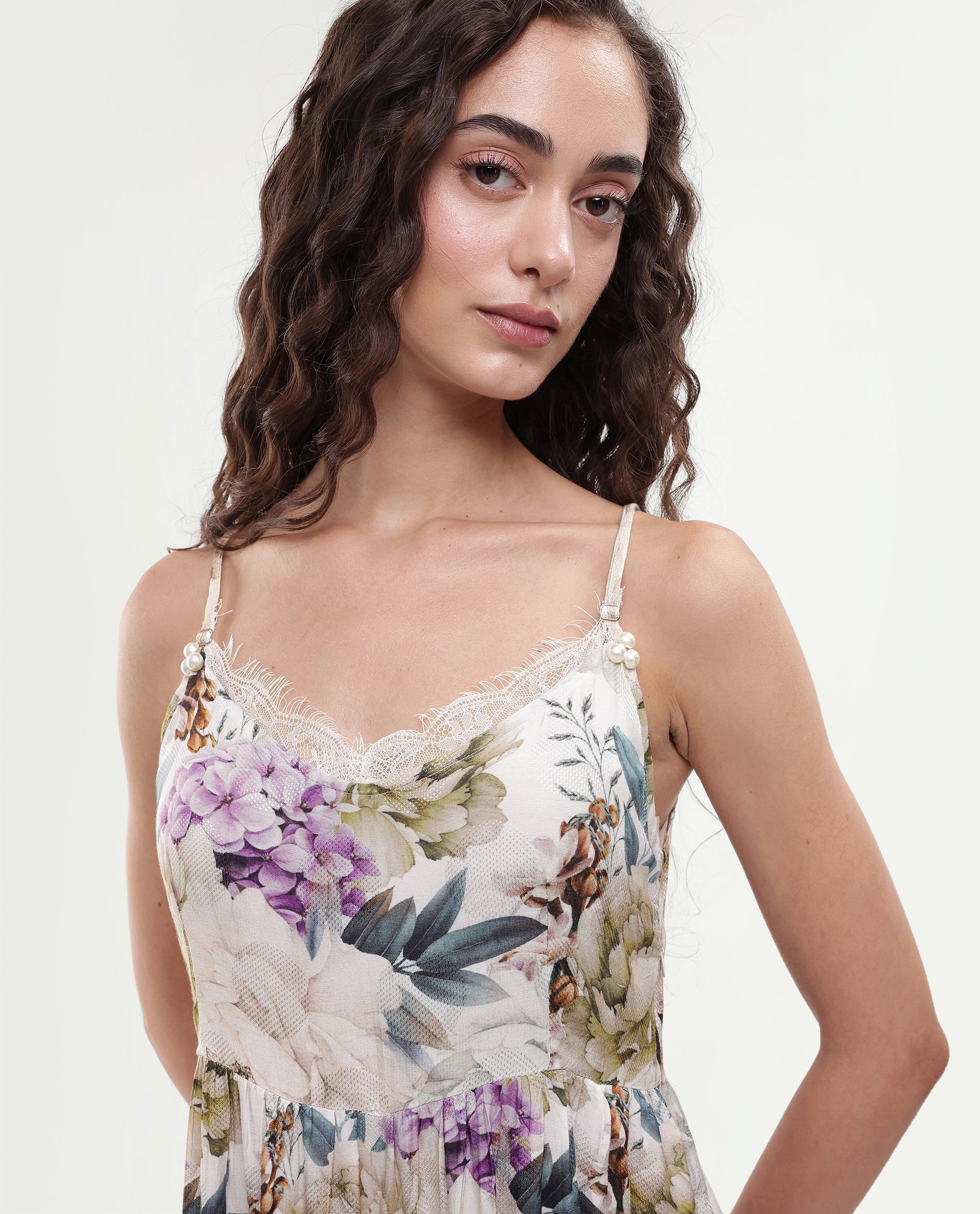 Rareism Women's Joanna Multi Cotton V-Neck Floral Print Shoulder Strap Midi Regular Fit Dress