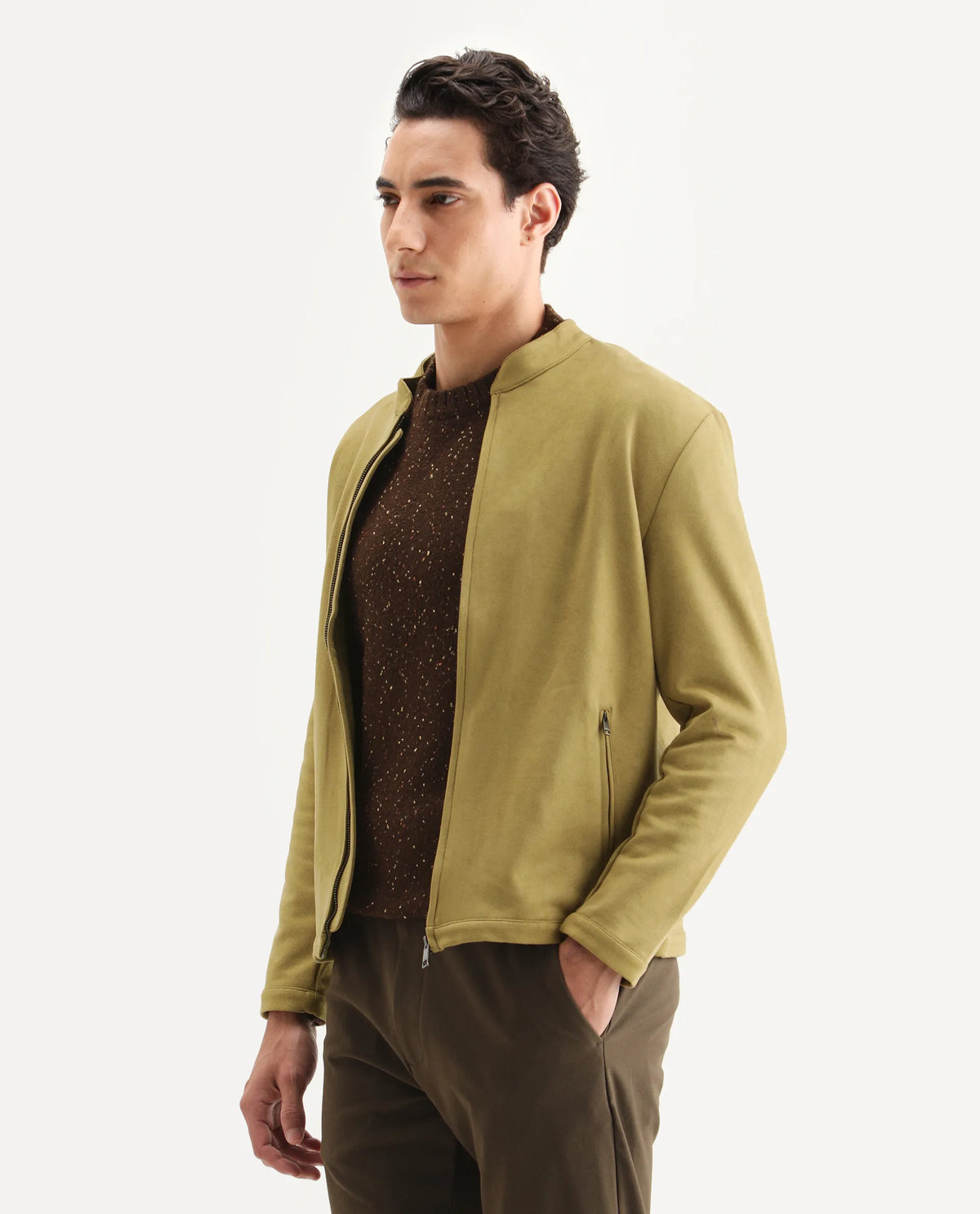 Rare Rabbit Men's Sink Green Plain Regular Fit Full Sleeve Mandarin Collar Jacket