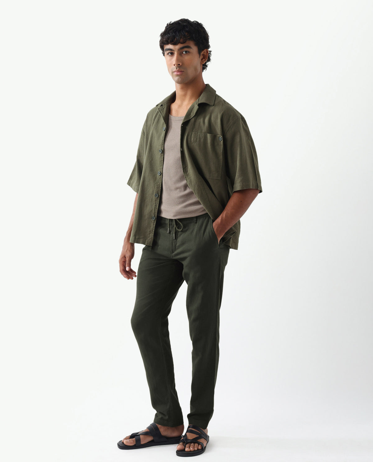 Rare Rabbit Men's Pastor Olive Linen Blend Plain Regular Fit Trouser
