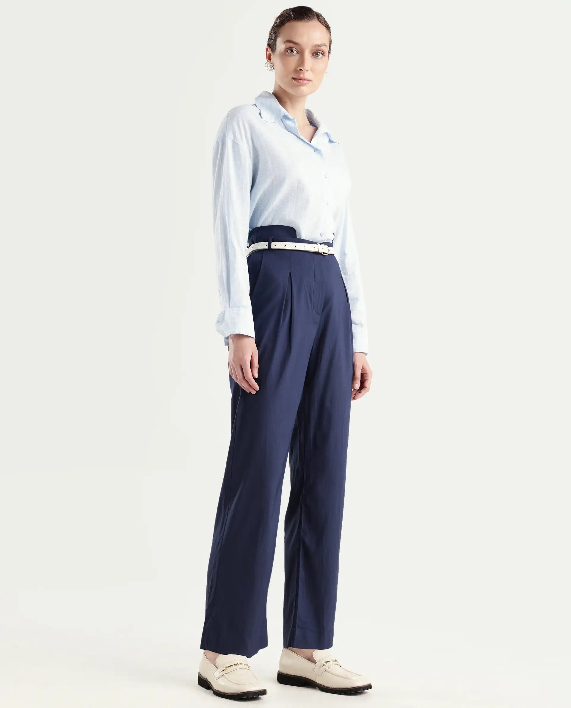 Rareism Women's Evanova Navy Viscose Plain Ankle Length Regular Fit Trouser