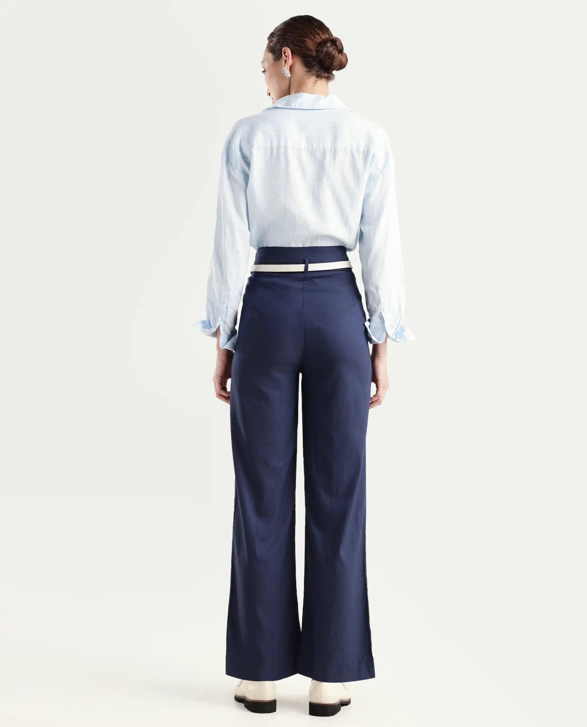 Rareism Women's Evanova Navy Viscose Plain Ankle Length Regular Fit Trouser