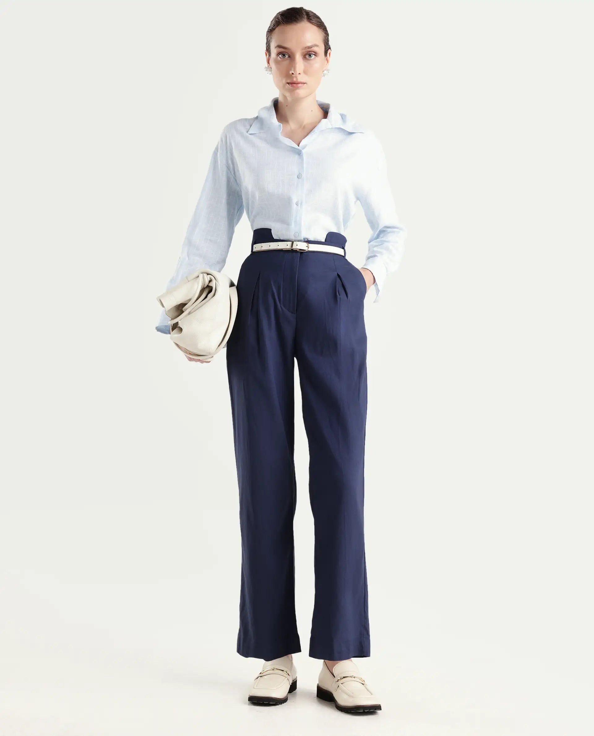 Rareism Women's Evanova Navy Viscose Plain Ankle Length Regular Fit Trouser