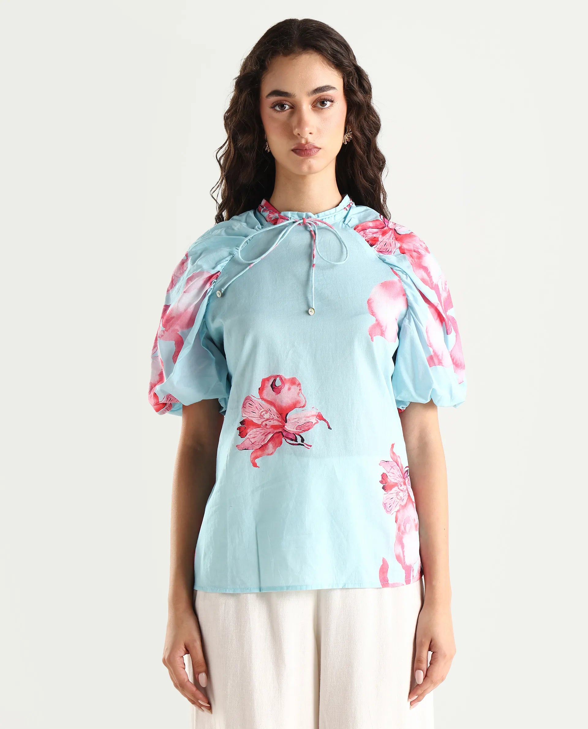 Rareism Women's Kink Blue Polyester Blend Tie-Up Neck Floral Print Puff Sleeves Relaxed Fit Top