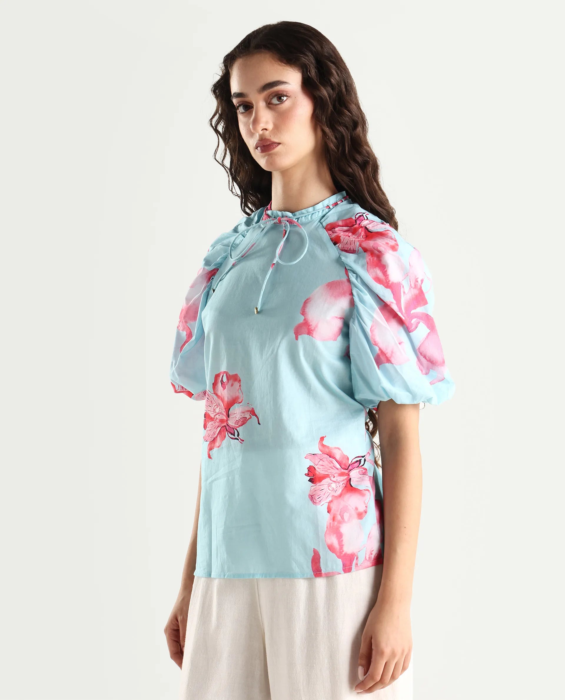 Rareism Women's Kink Blue Polyester Blend Tie-Up Neck Floral Print Puff Sleeves Relaxed Fit Top