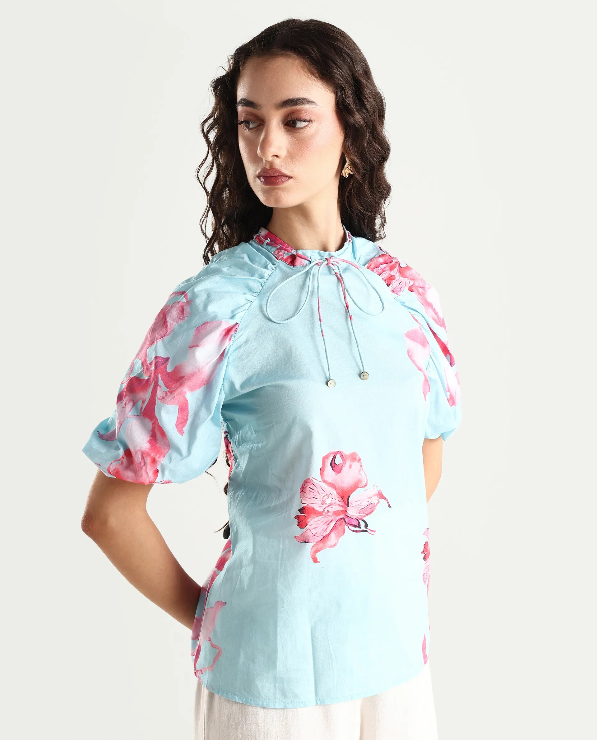 Rareism Women's Kink Blue Polyester Blend Tie-Up Neck Floral Print Puff Sleeves Relaxed Fit Top
