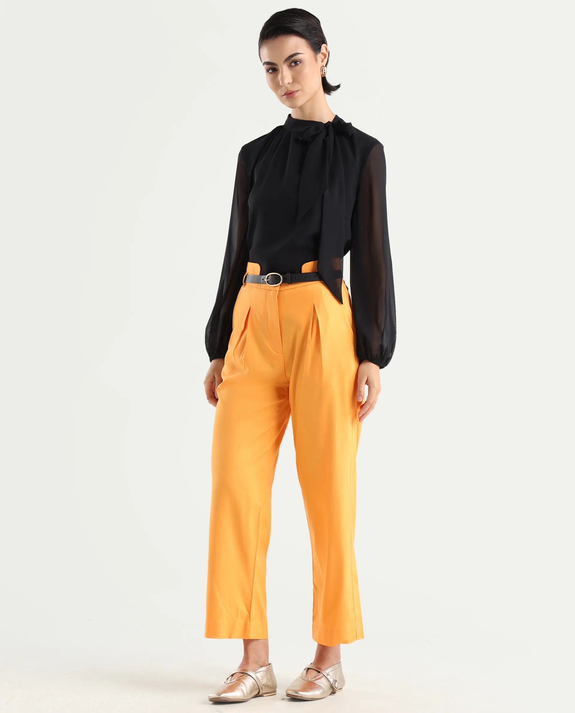 Rareism Women's Evanova Mustard Polyester Blend Plain Ankle Length Regular Fit Trouser