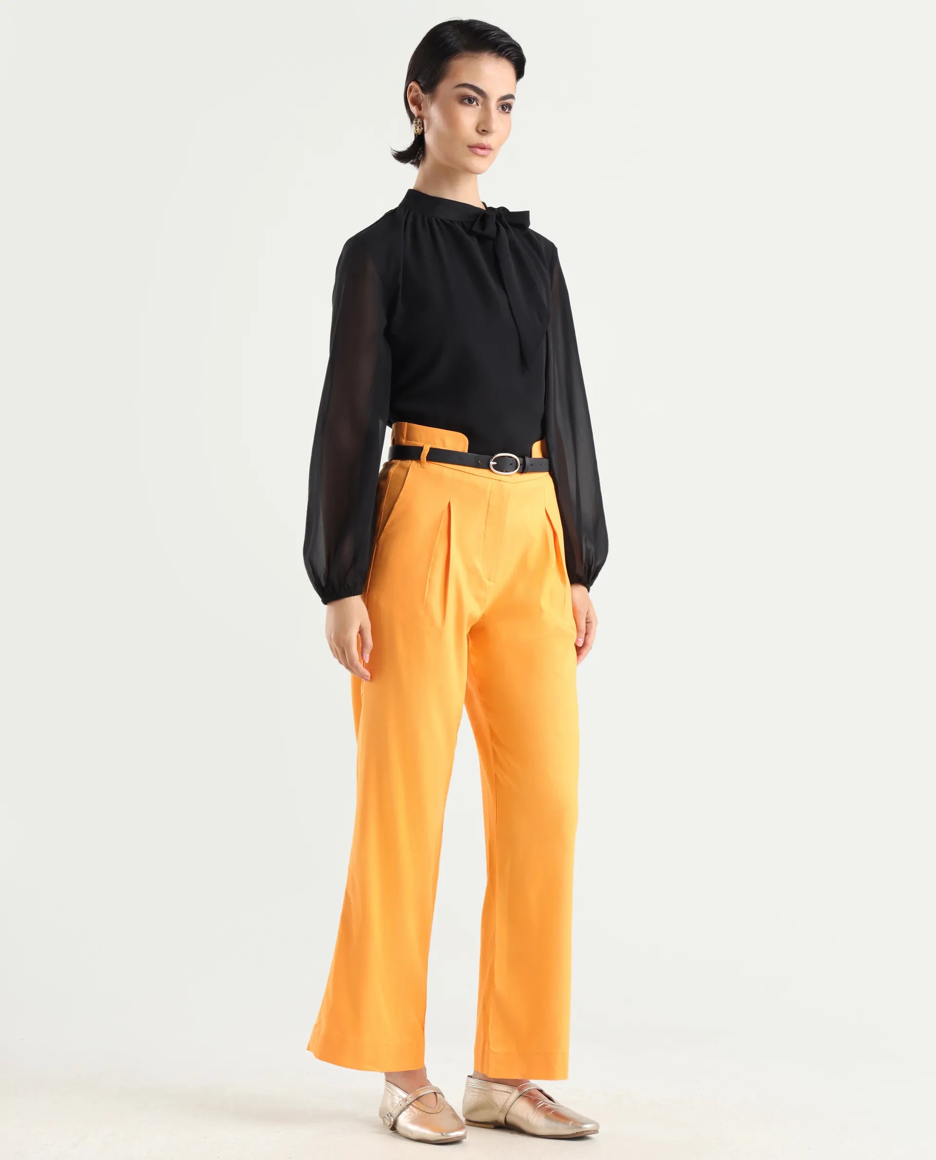 Rareism Women's Evanova Mustard Polyester Blend Plain Ankle Length Regular Fit Trouser