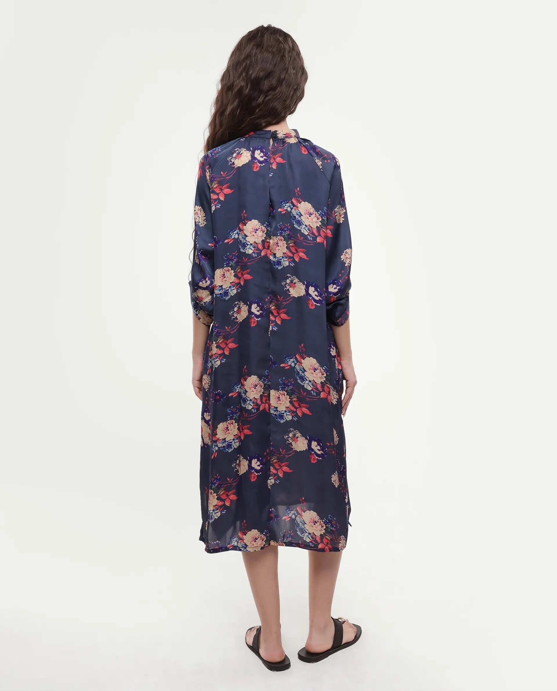 Rareism Women's Clem Navy Polyester High Neck Floral Print Volume Sleeve Knee Length Relaxed Fit Dress