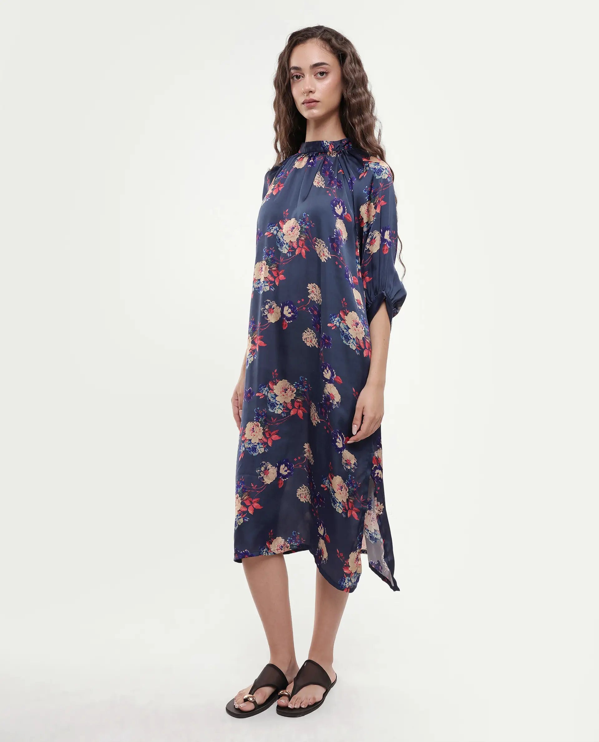Rareism Women's Clem Navy Polyester High Neck Floral Print Volume Sleeve Knee Length Relaxed Fit Dress