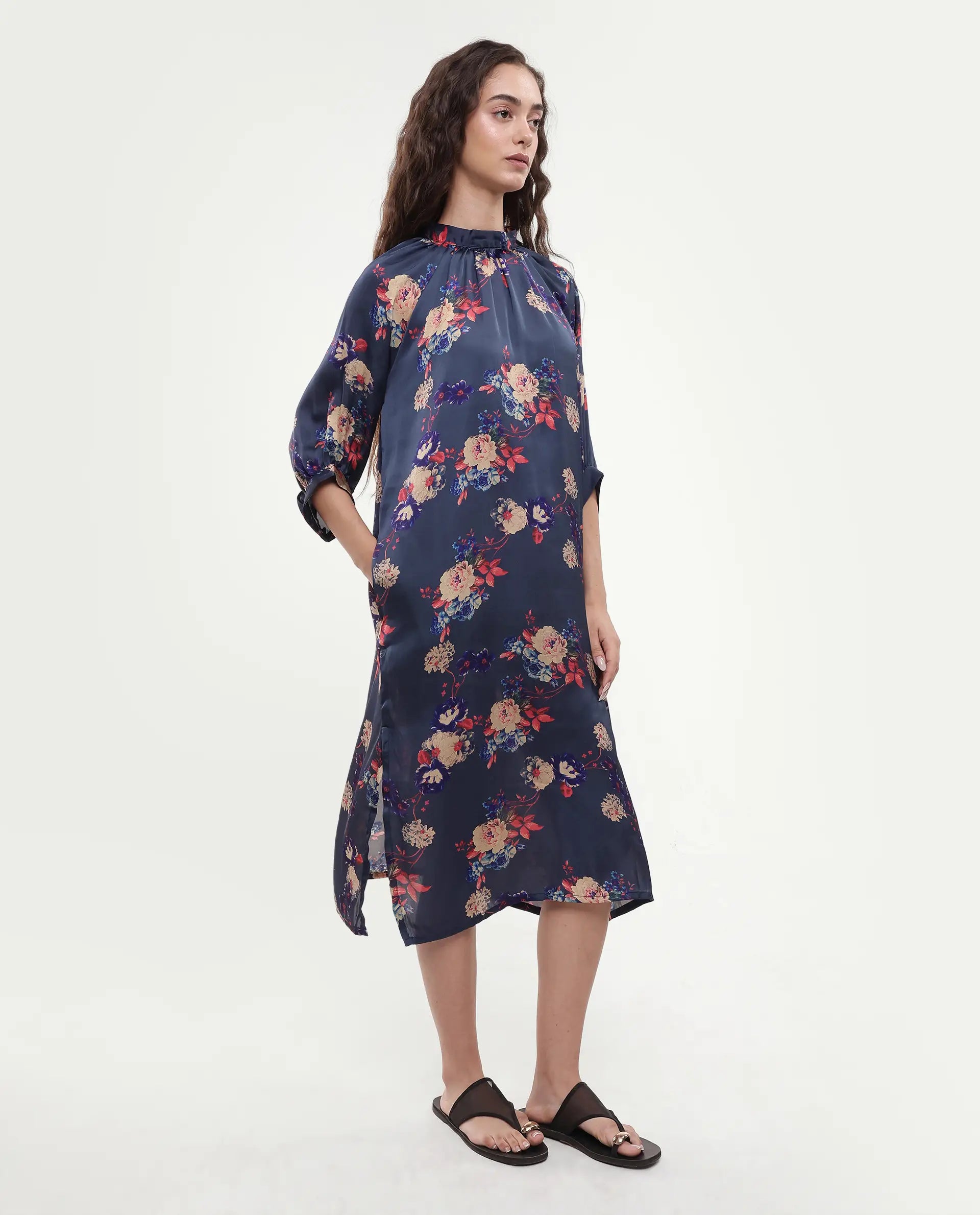 Rareism Women's Clem Navy Polyester High Neck Floral Print Volume Sleeve Knee Length Relaxed Fit Dress