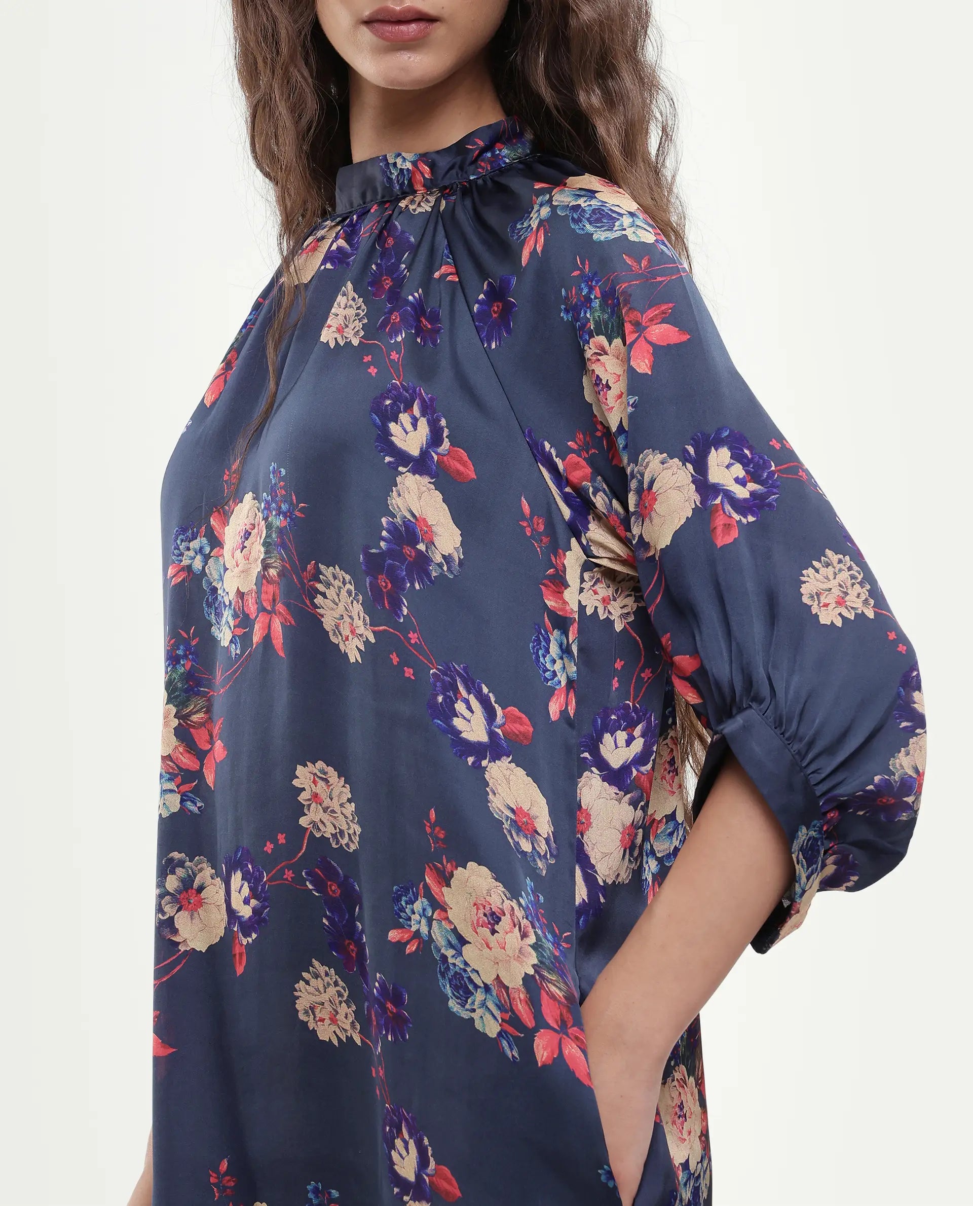 Rareism Women's Clem Navy Polyester High Neck Floral Print Volume Sleeve Knee Length Relaxed Fit Dress