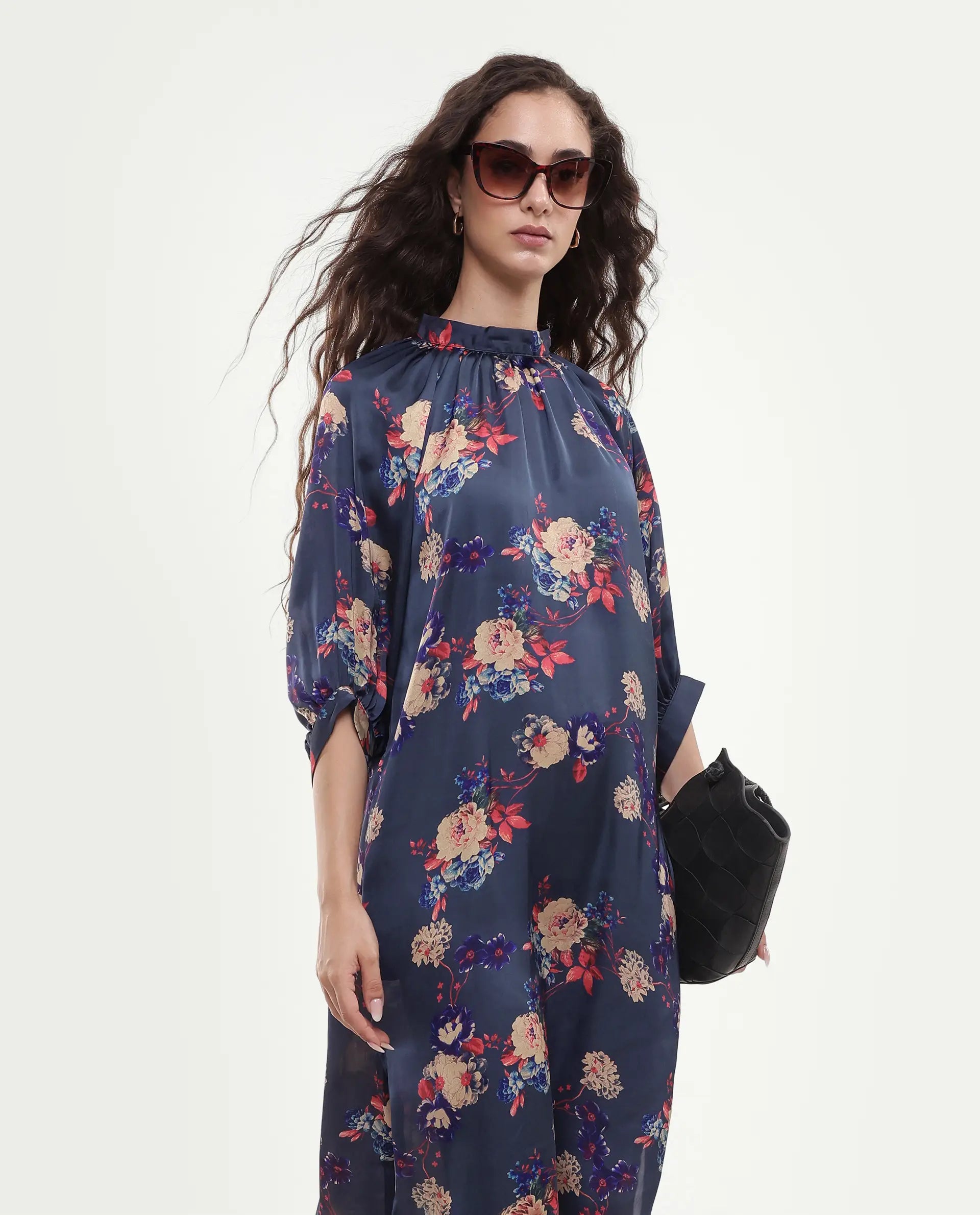 Rareism Women's Clem Navy Polyester High Neck Floral Print Volume Sleeve Knee Length Relaxed Fit Dress