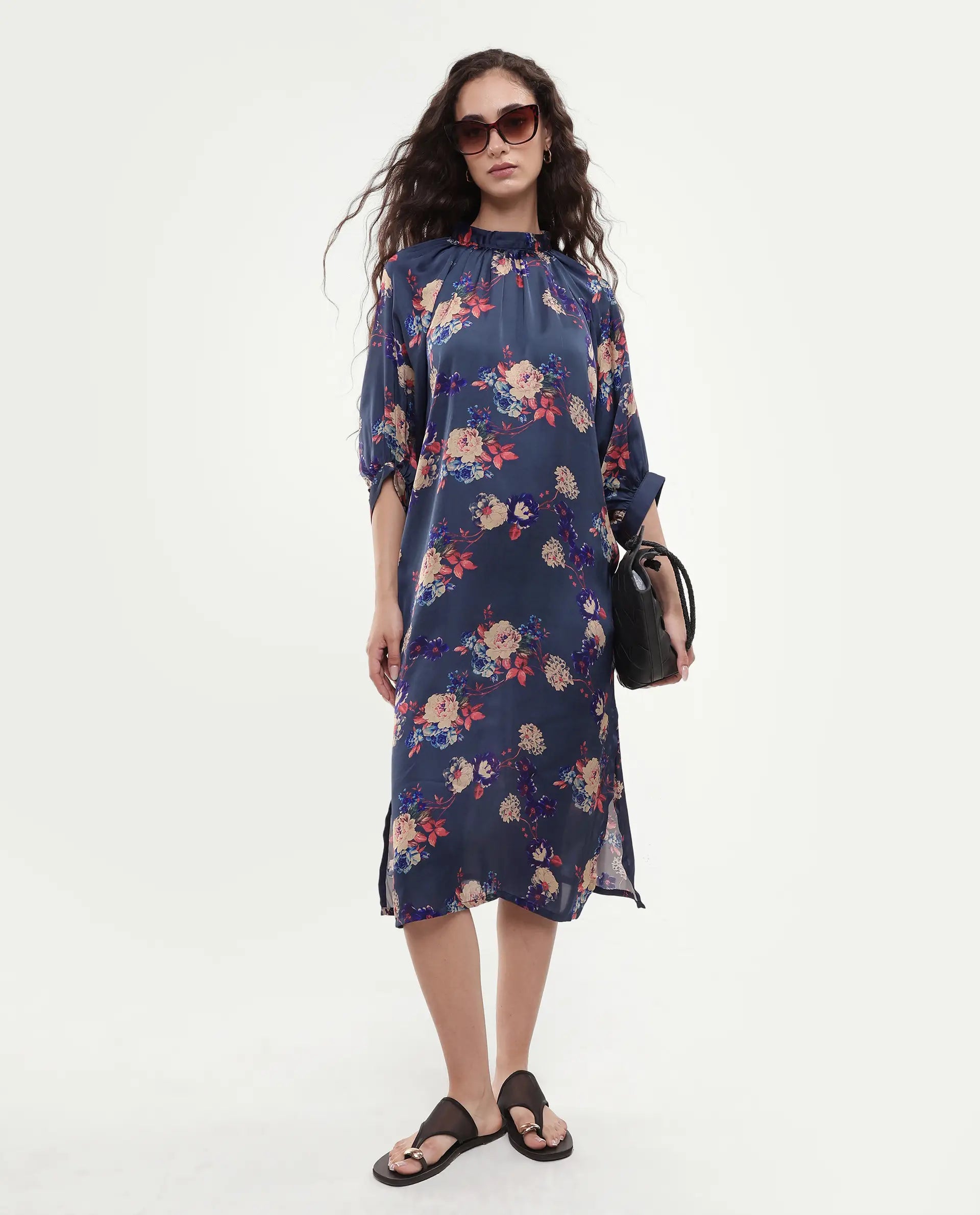 Rareism Women's Clem Navy Polyester High Neck Floral Print Volume Sleeve Knee Length Relaxed Fit Dress