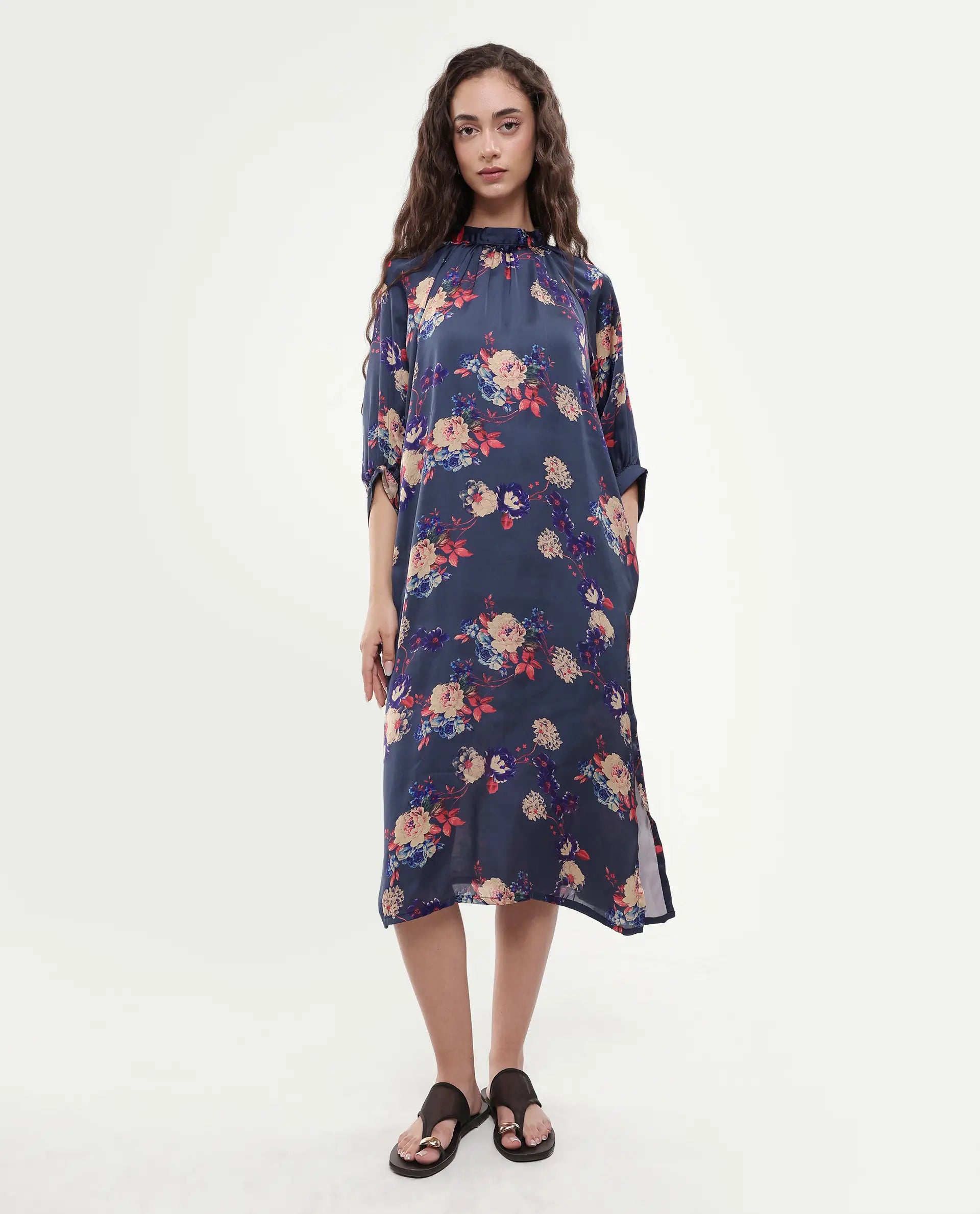 Rareism Women's Clem Navy Polyester High Neck Floral Print Volume Sleeve Knee Length Relaxed Fit Dress