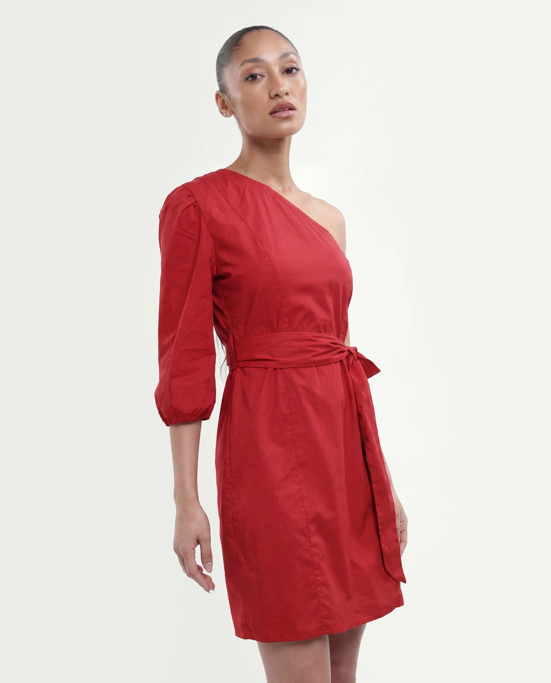 Rareism Women's Floris Red Cotton Blend One Shoulder Plain Puff Sleeves Knee Length Slim Fit Dress