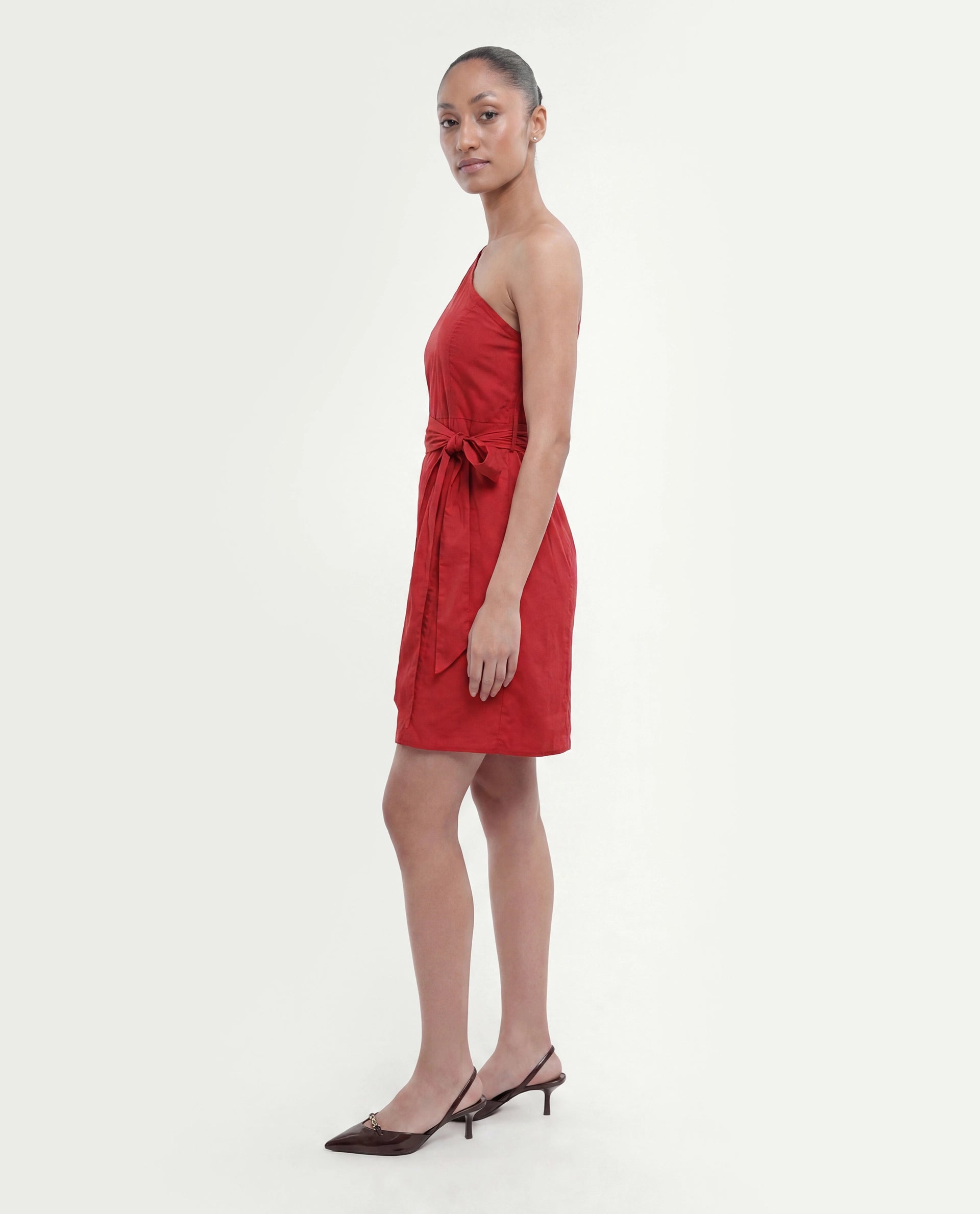 Rareism Women's Floris Red Cotton Blend One Shoulder Plain Puff Sleeves Knee Length Slim Fit Dress