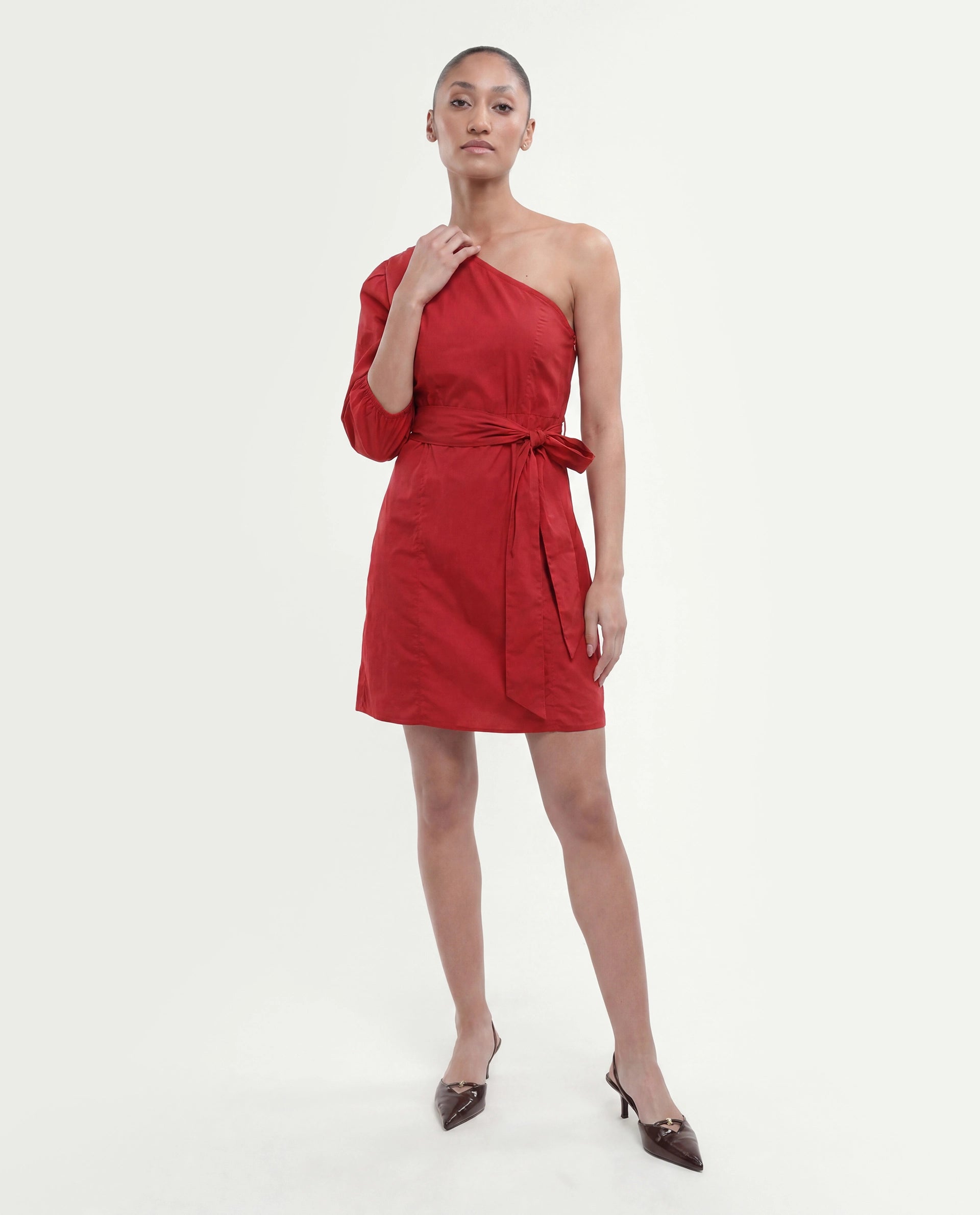 Rareism Women's Floris Red Cotton Blend One Shoulder Plain Puff Sleeves Knee Length Slim Fit Dress