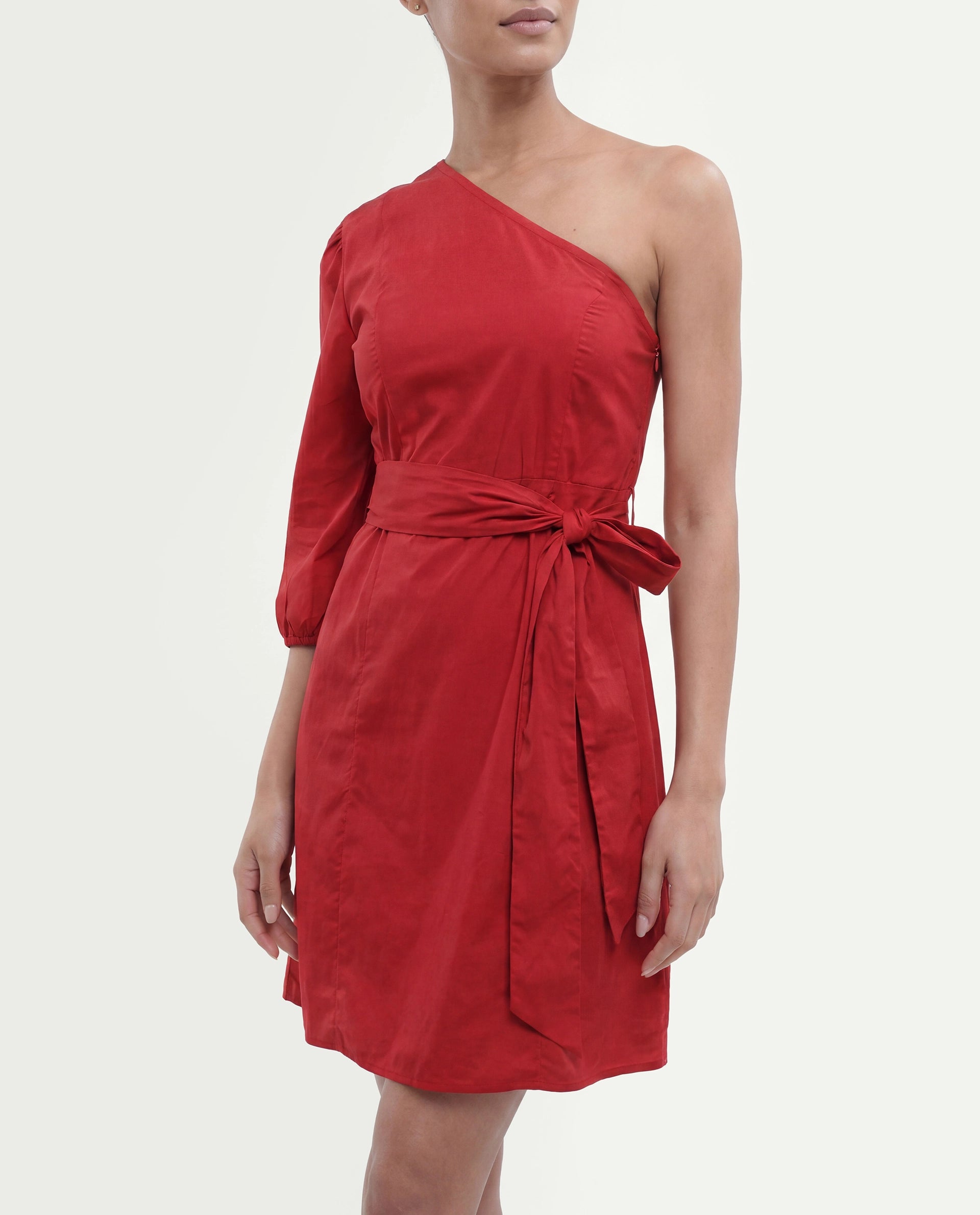Rareism Women's Floris Red Cotton Blend One Shoulder Plain Puff Sleeves Knee Length Slim Fit Dress