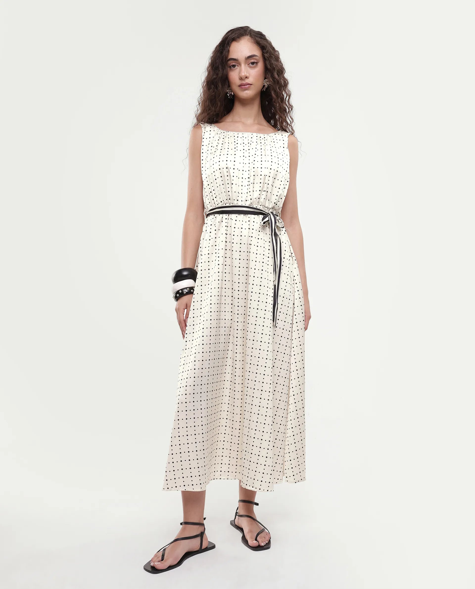 Rareism Women's Narcissa Beige Polyester Boat Neck Polka Print Sleeveless Knee Length Regular Fit Dress