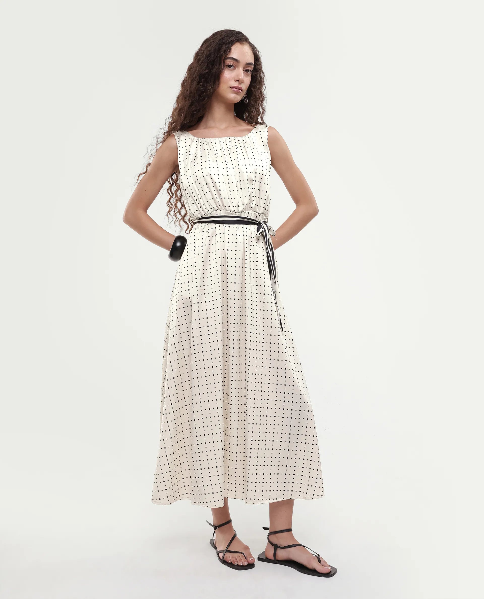 Rareism Women's Narcissa Beige Polyester Boat Neck Polka Print Sleeveless Knee Length Regular Fit Dress