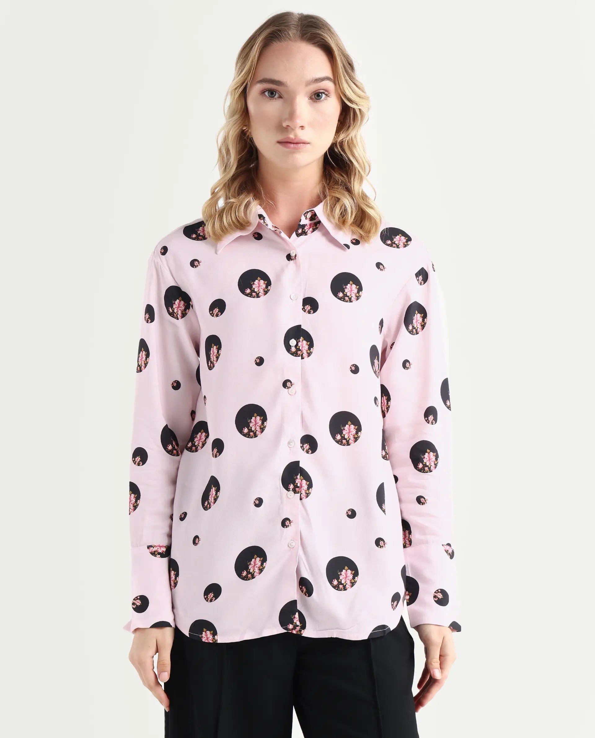 Rareism Women's Lumber Pink Viscose Spread Collar Floral Print Regular Fit Top