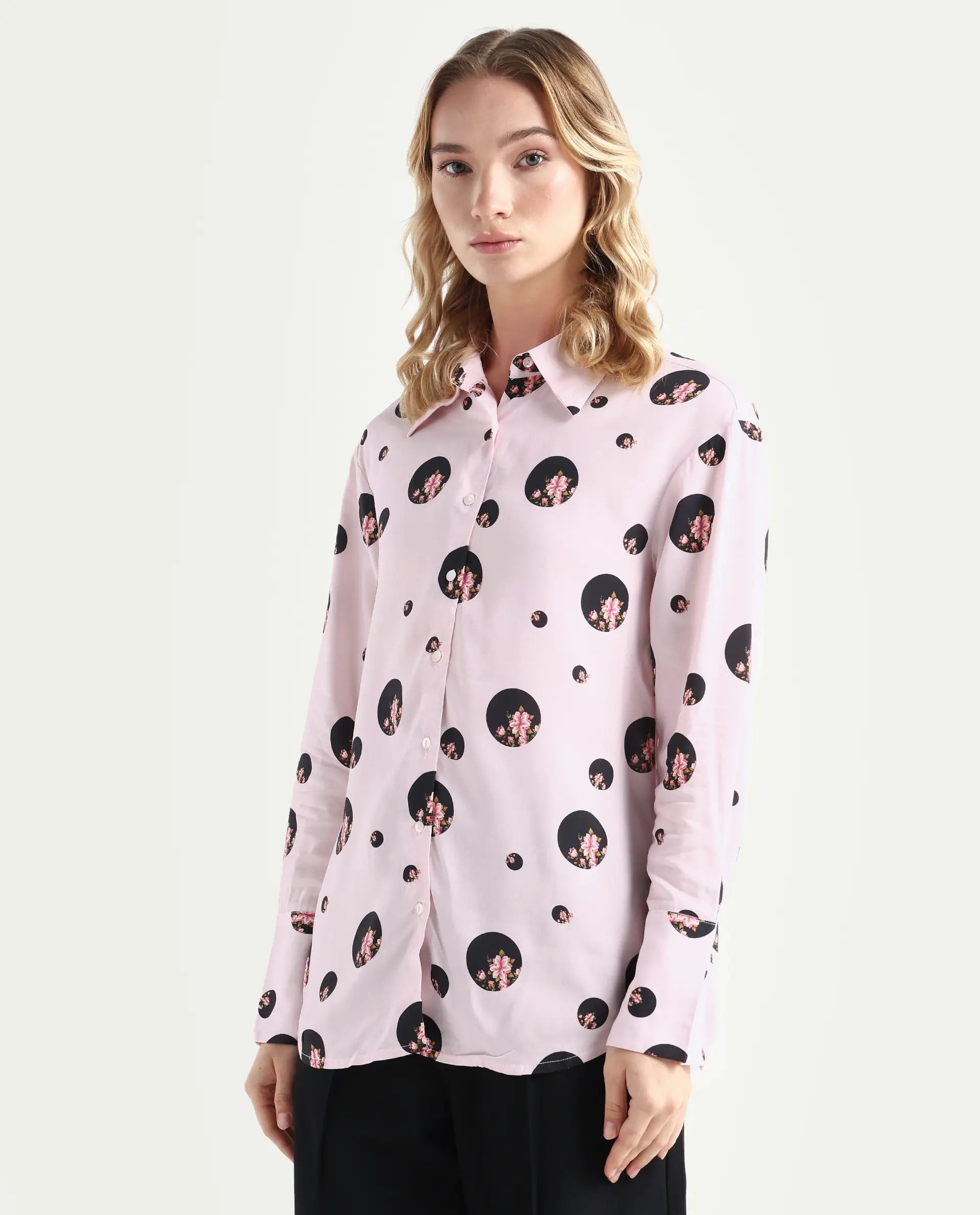 Rareism Women's Lumber Pink Viscose Spread Collar Floral Print Regular Fit Top