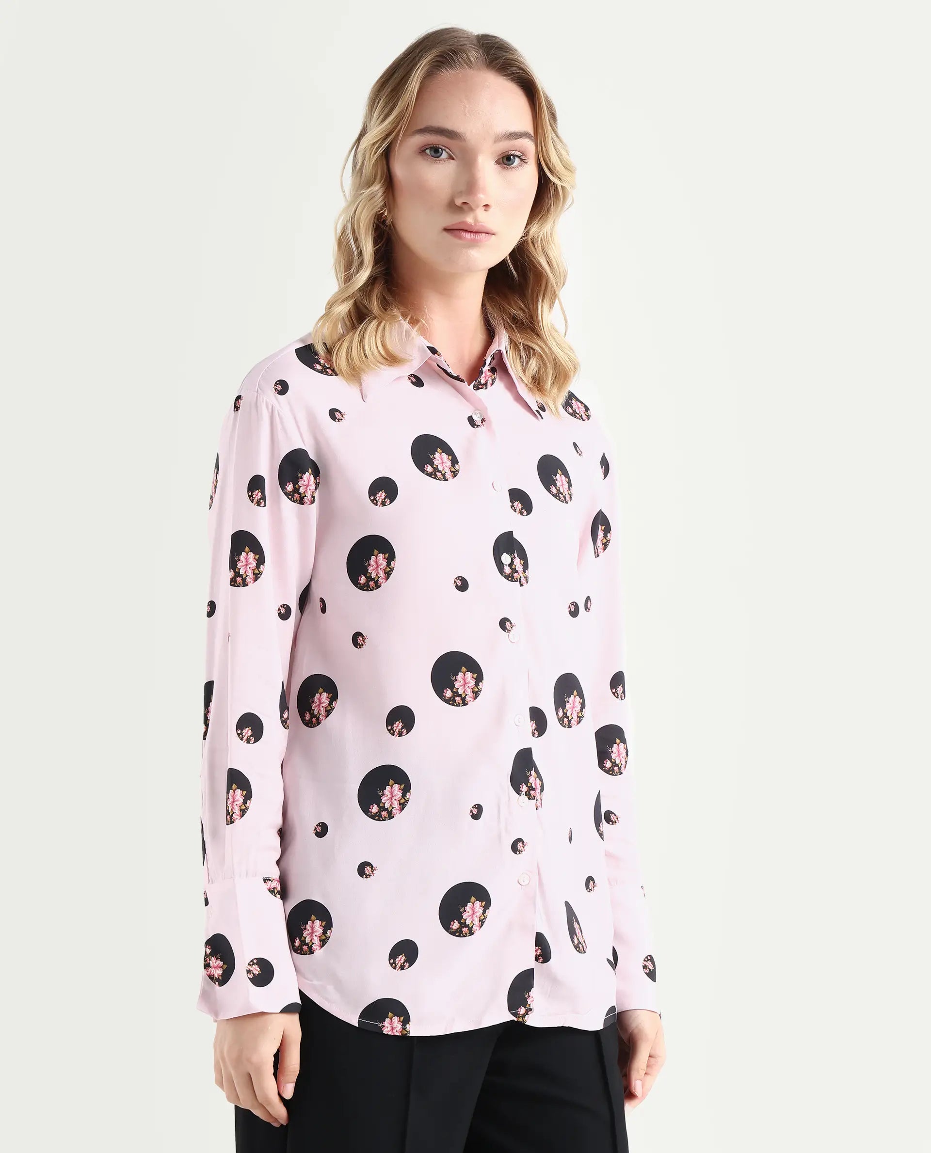 Rareism Women's Lumber Pink Viscose Spread Collar Floral Print Regular Fit Top