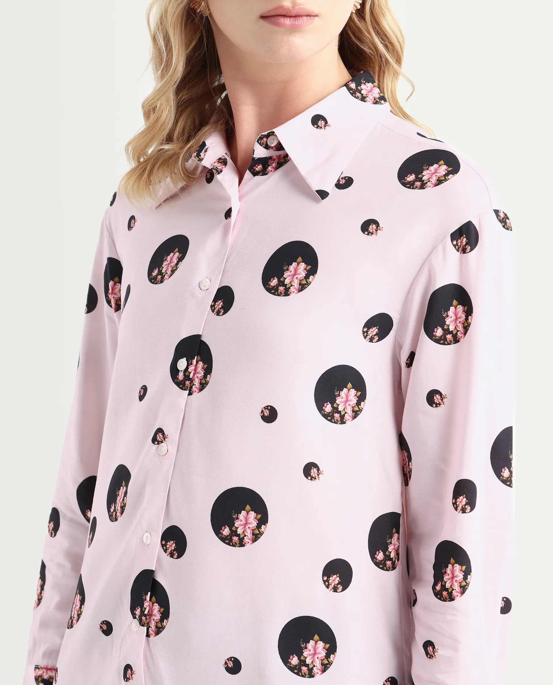 Rareism Women's Lumber Pink Viscose Spread Collar Floral Print Regular Fit Top