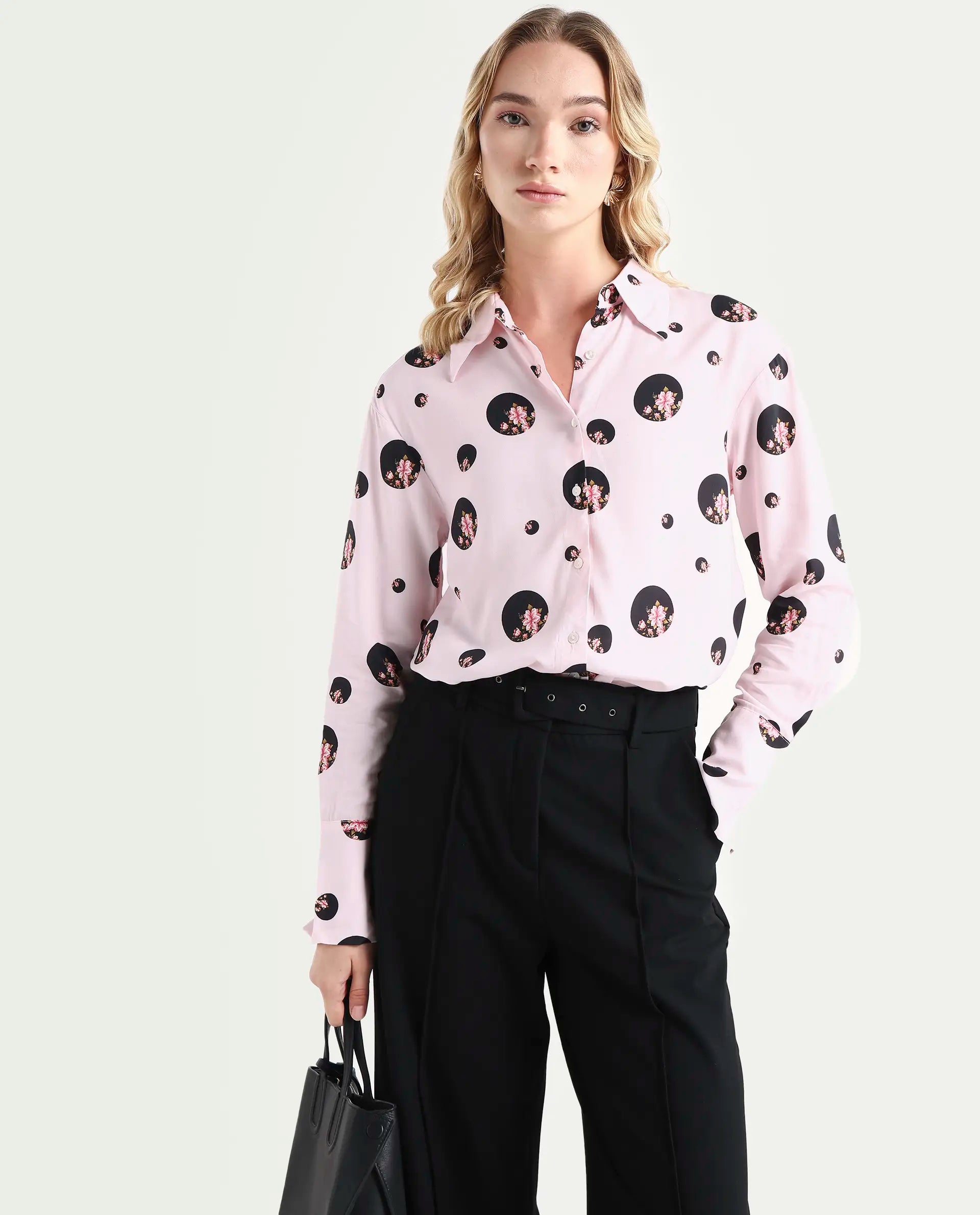 Rareism Women's Lumber Pink Viscose Spread Collar Floral Print Regular Fit Top
