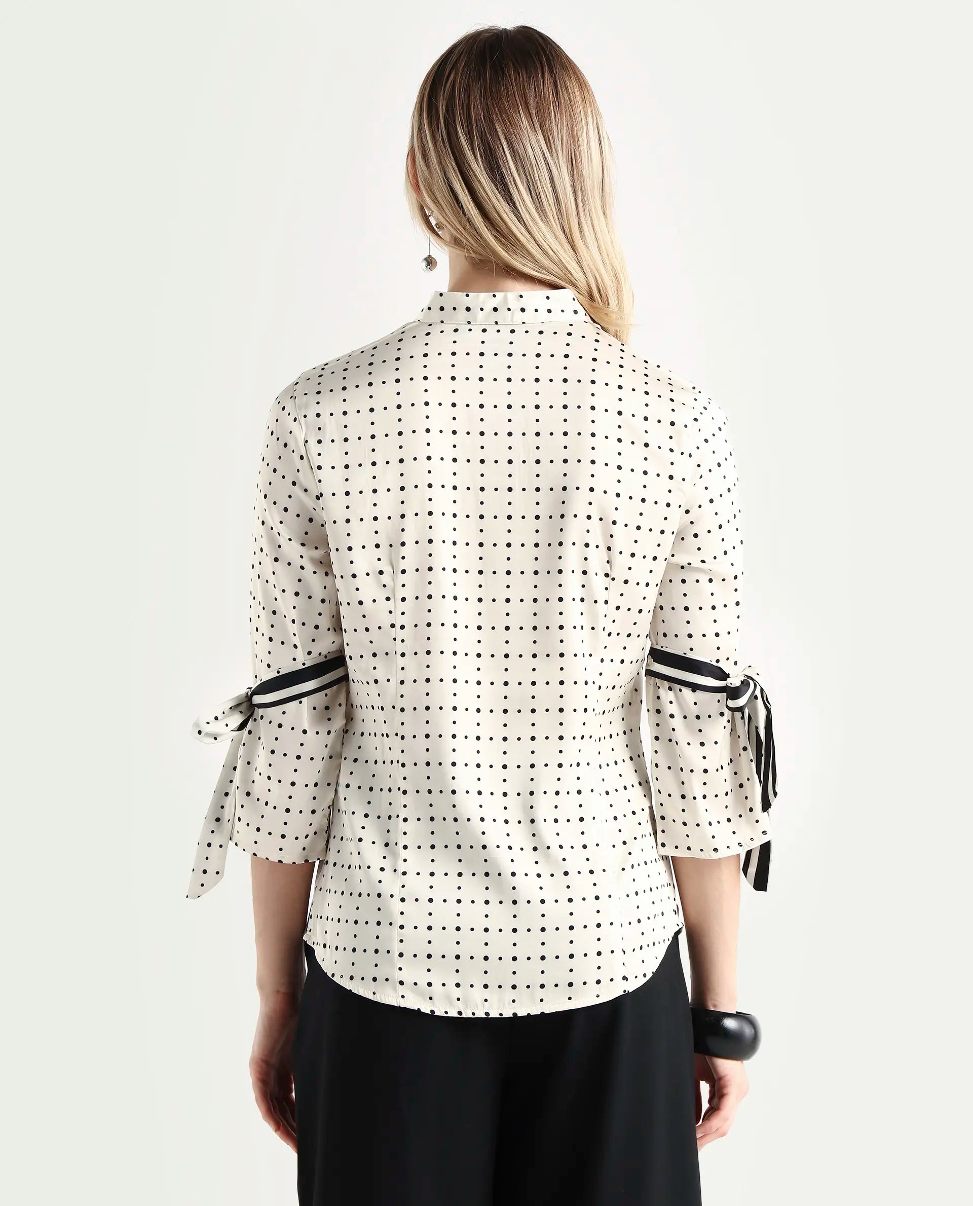 Rareism Women's Zanax Beige Polyester Mandarin Collar Polka Print Regular Fit Top