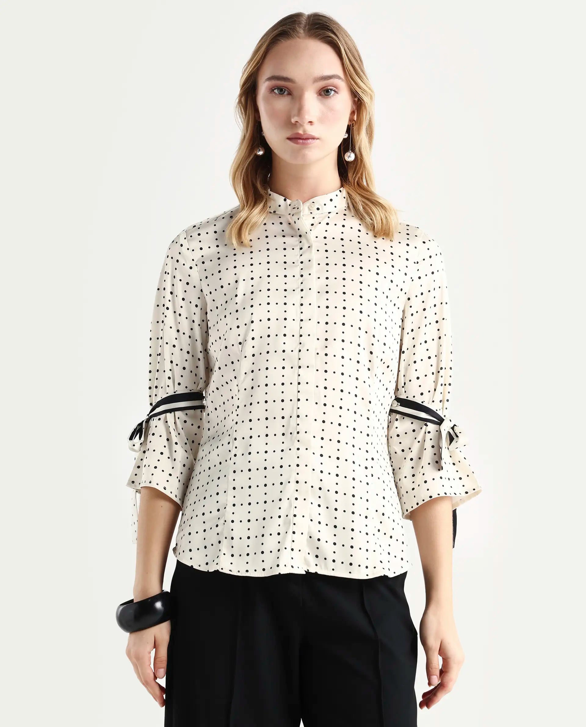 Rareism Women's Zanax Beige Polyester Mandarin Collar Polka Print Regular Fit Top