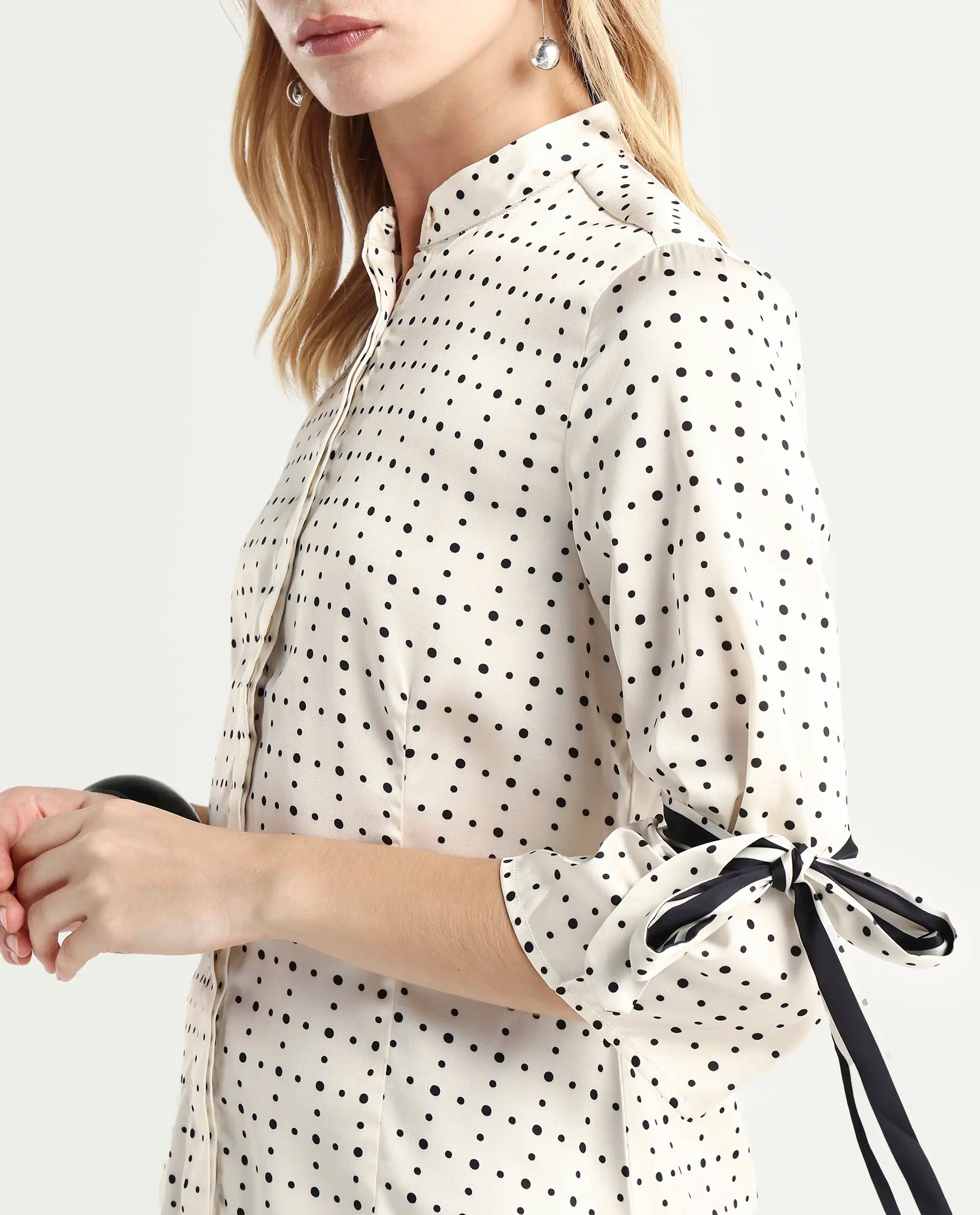 Rareism Women's Zanax Beige Polyester Mandarin Collar Polka Print Regular Fit Top