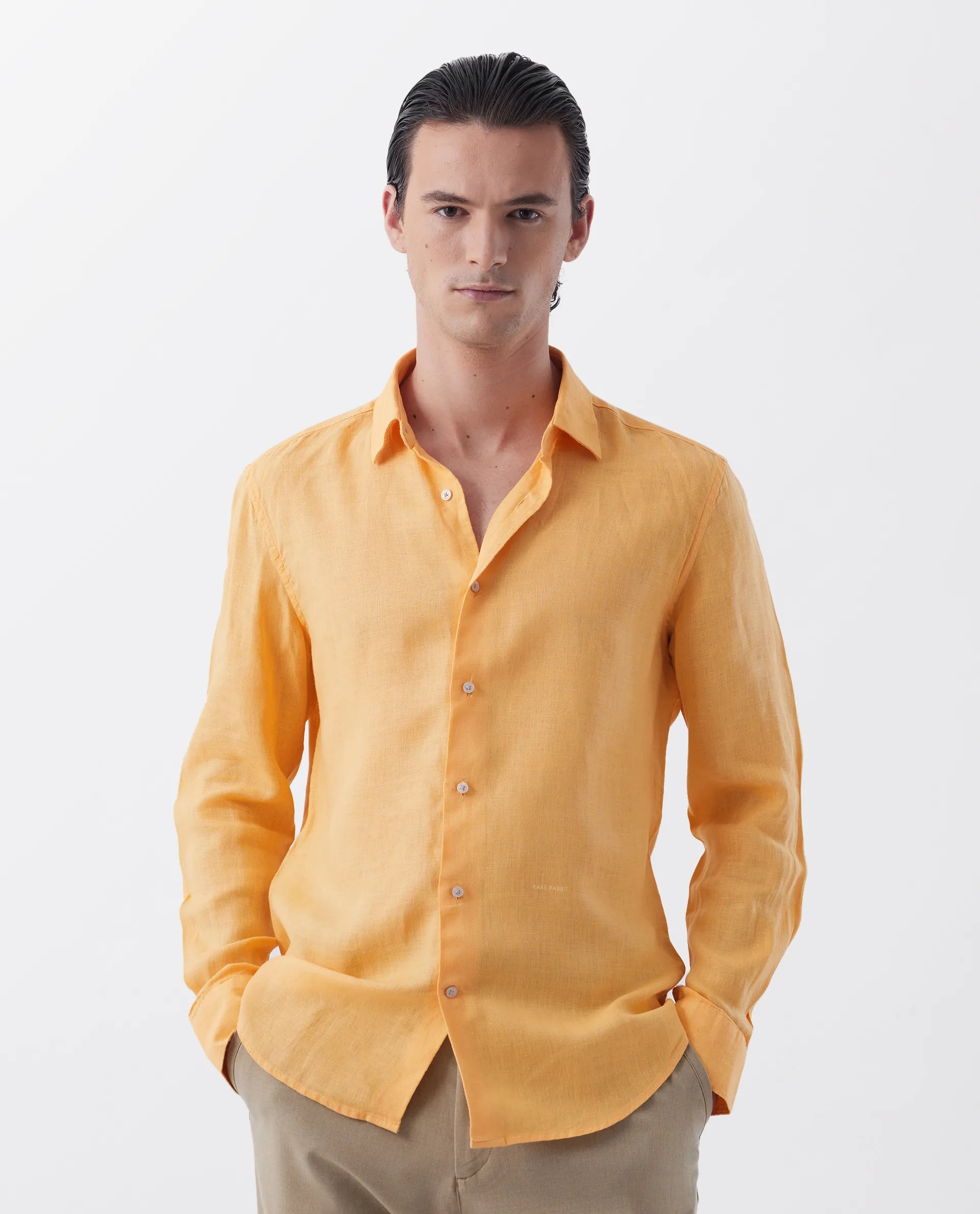 Rare Rabbit Men's Lenin Yellow 100% Linen Plain Regular Fit Full Sleeve Collared Shirt