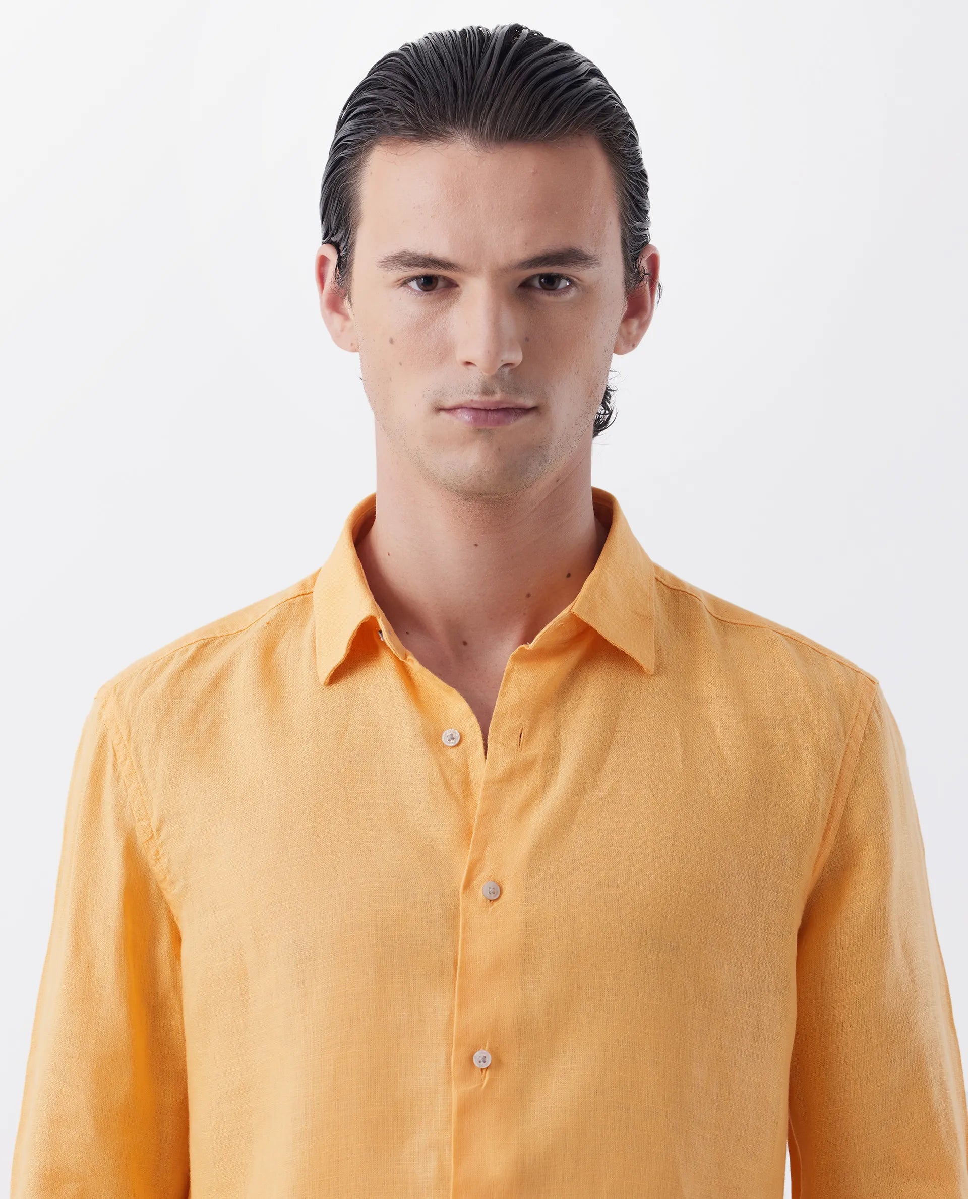 Rare Rabbit Men's Lenin Yellow 100% Linen Plain Regular Fit Full Sleeve Collared Shirt