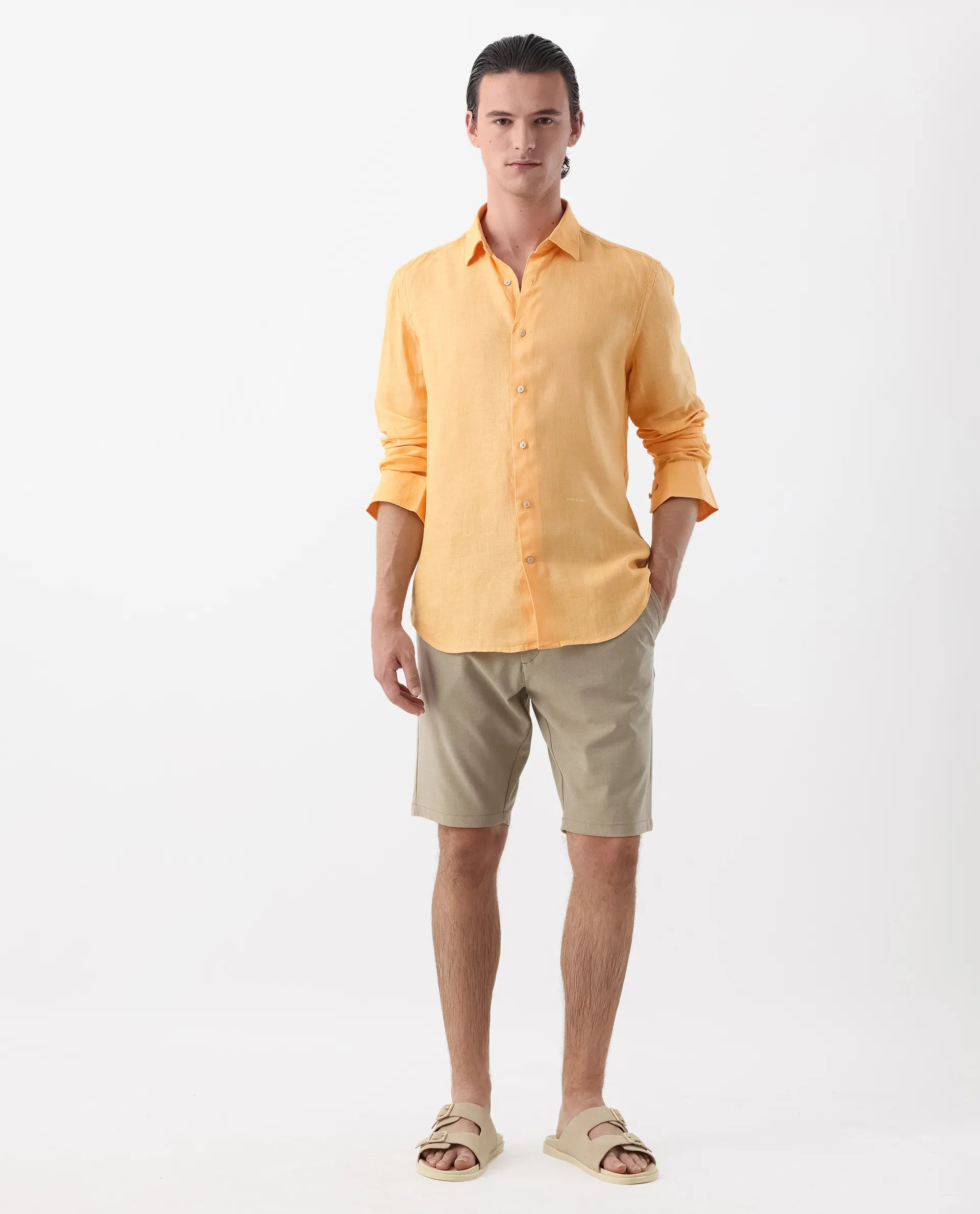 Rare Rabbit Men's Lenin Yellow 100% Linen Plain Regular Fit Full Sleeve Collared Shirt