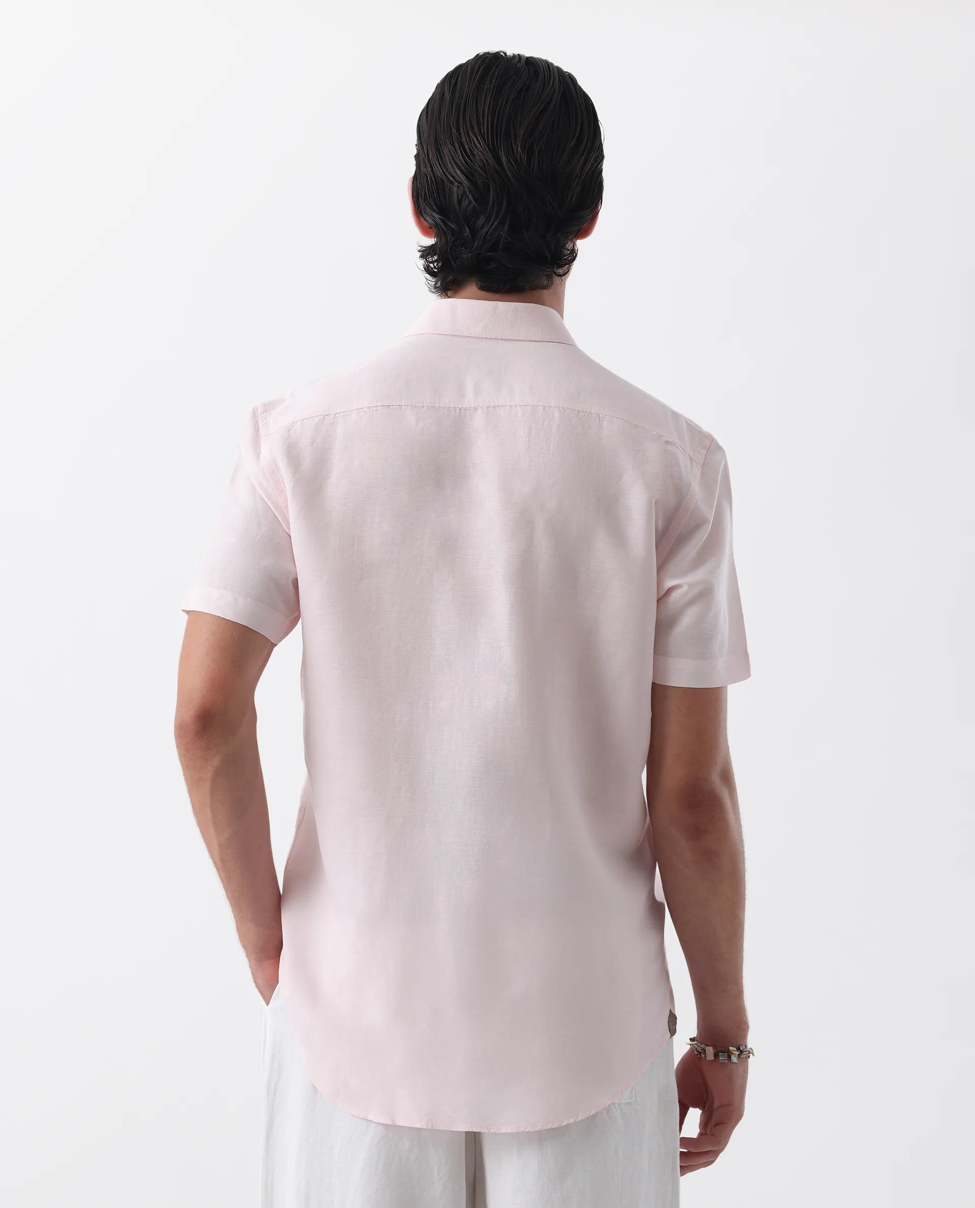 Rare Rabbit Men's Mik Light Pink Linen Blend Plain Regular Fit Half Sleeve Collared Shirt