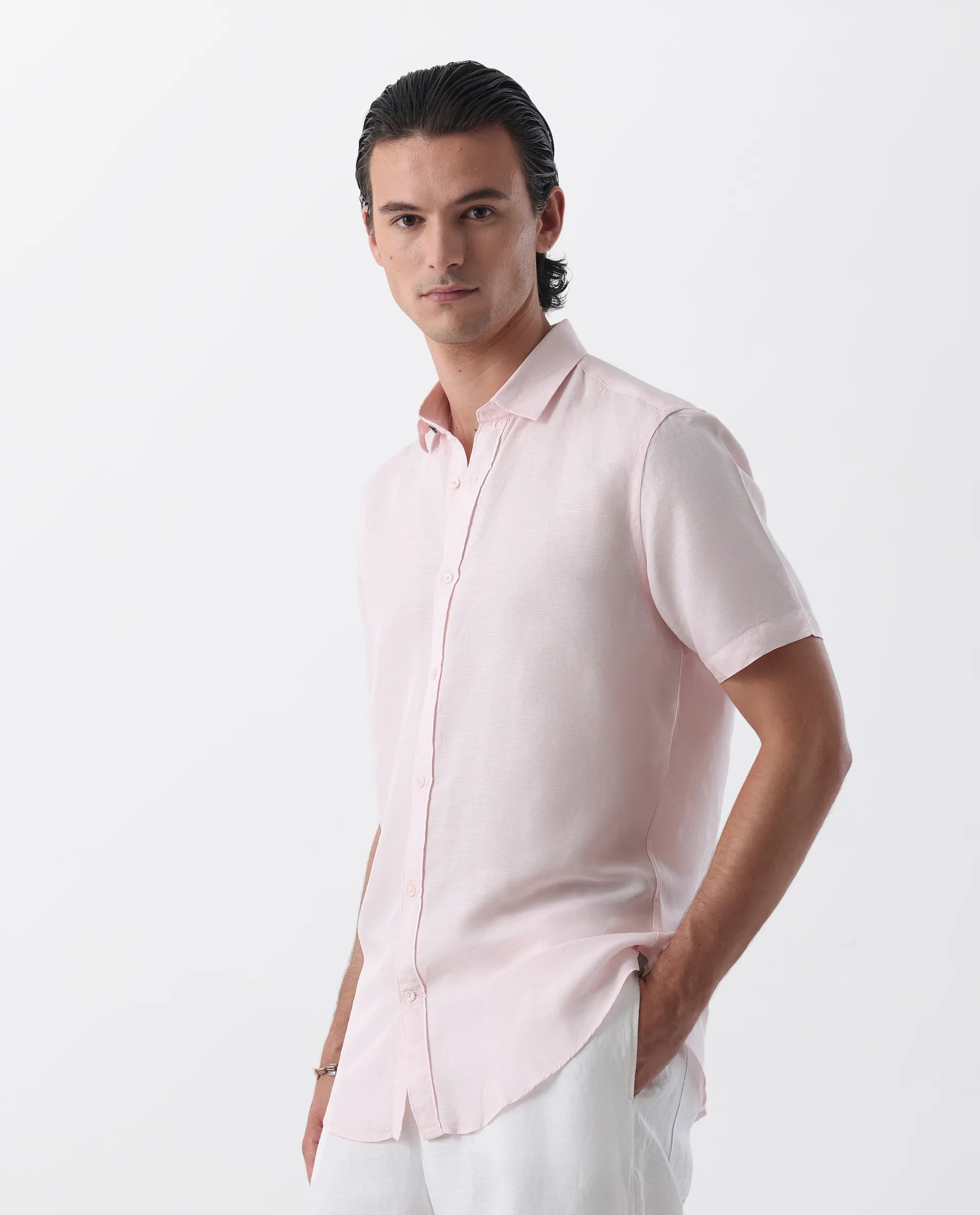 Rare Rabbit Men's Mik Light Pink Linen Blend Plain Regular Fit Half Sleeve Collared Shirt