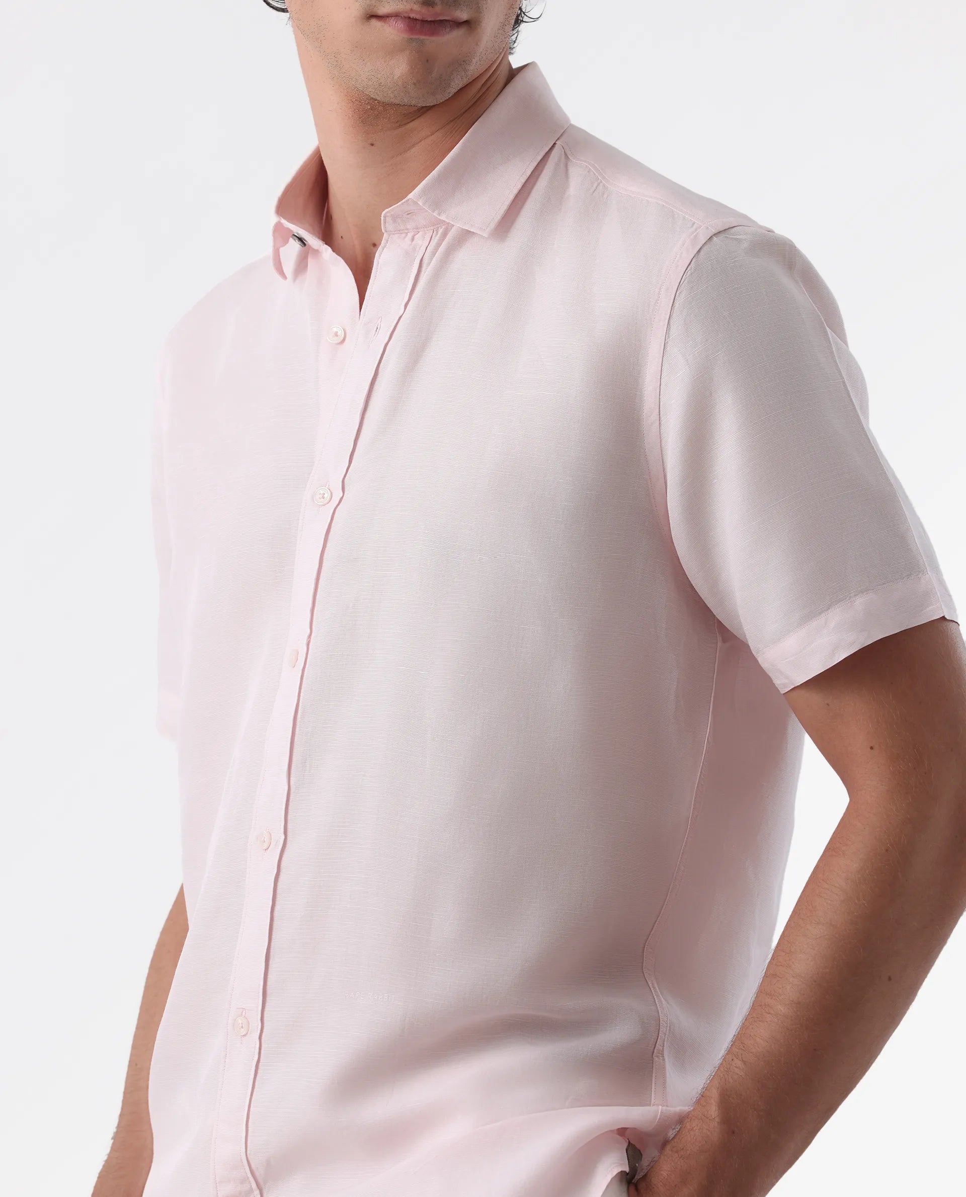 Rare Rabbit Men's Mik Light Pink Linen Blend Plain Regular Fit Half Sleeve Collared Shirt