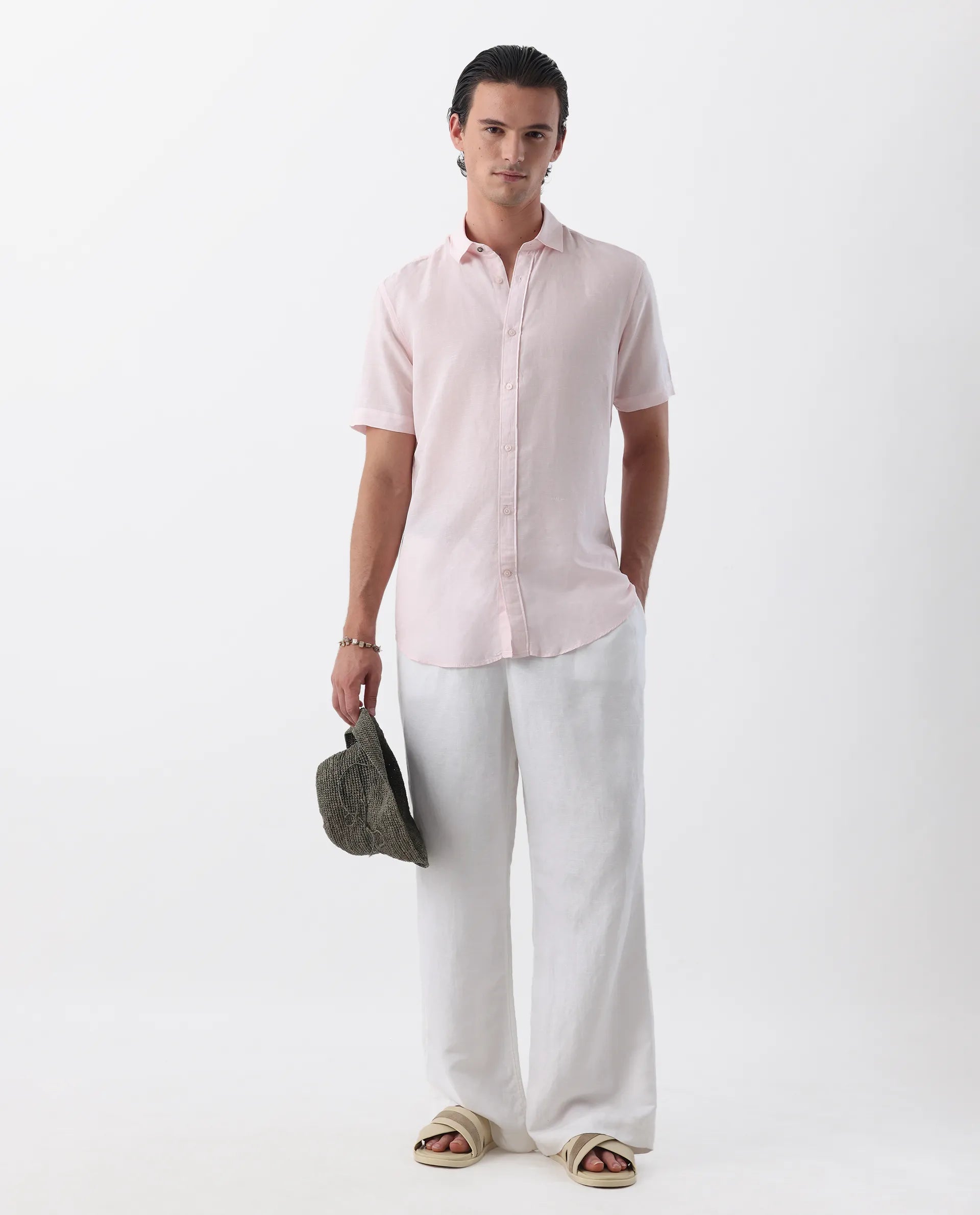 Rare Rabbit Men's Mik Light Pink Linen Blend Plain Regular Fit Half Sleeve Collared Shirt