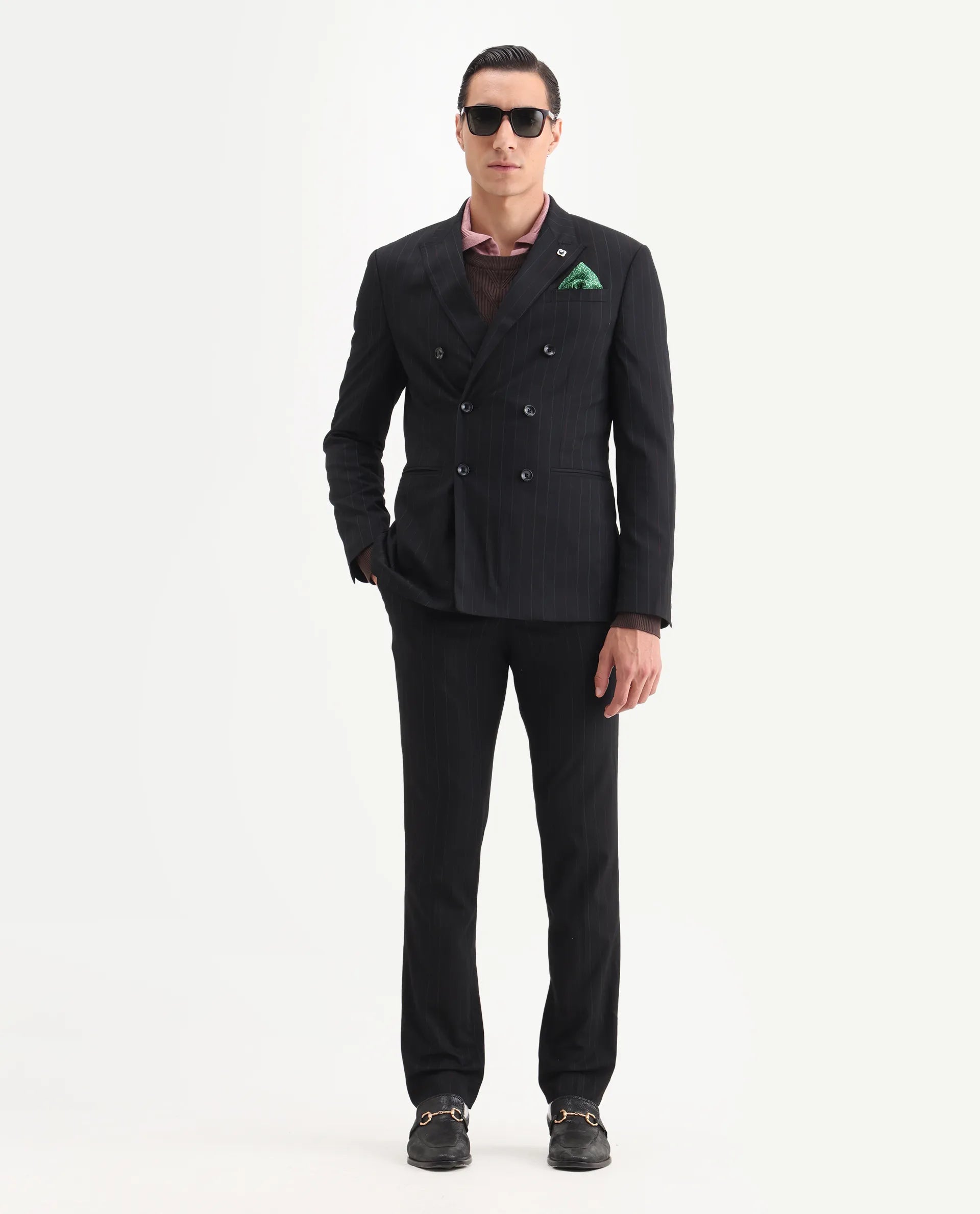 Rare Rabbit Men's Markus Black Polyester Plain Tailored Fit Full Sleeve Lapel Neck Suits