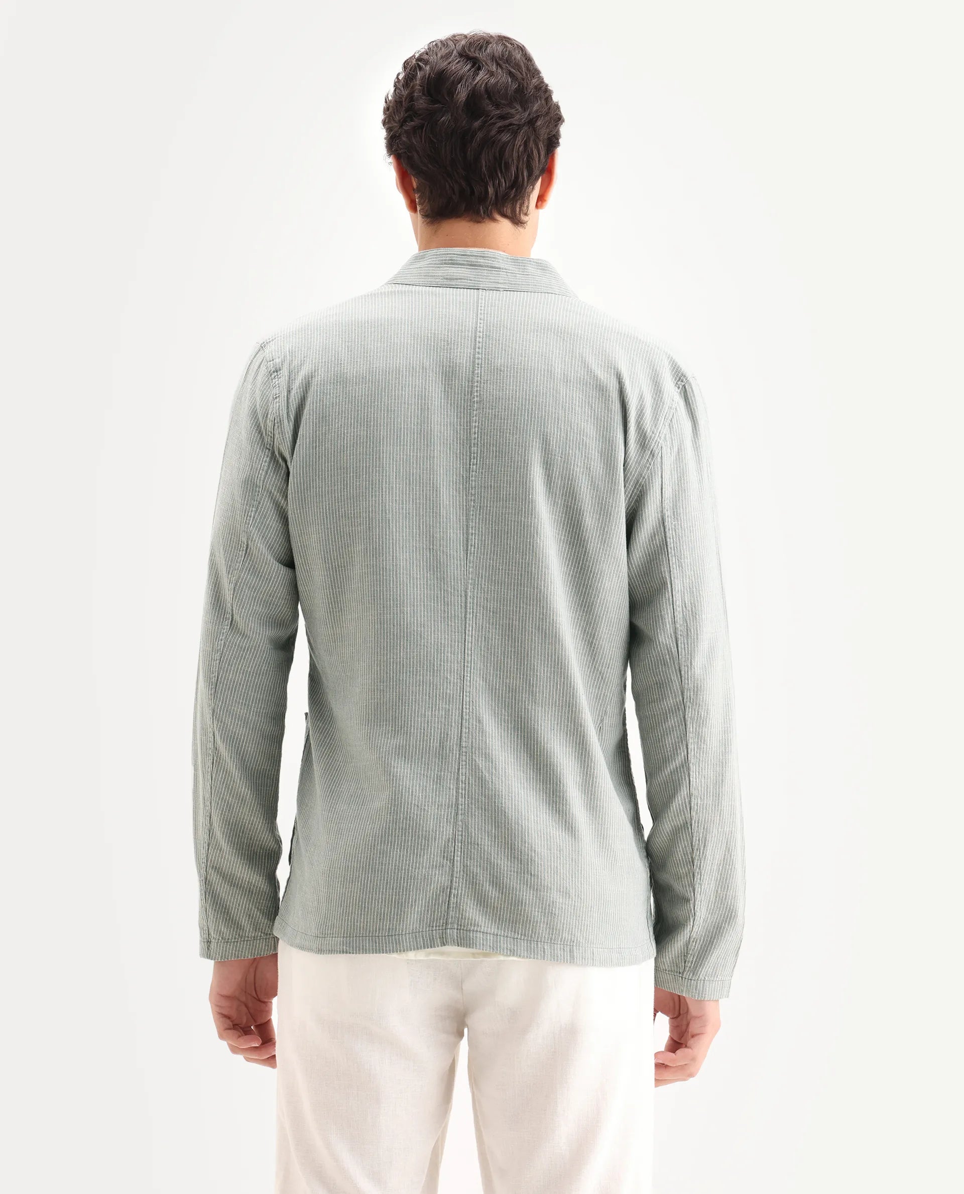Rare Rabbit Men's Trex Green Linen Blend Striped Print Regular Fit Full Sleeve Mandarin Collar Jacket