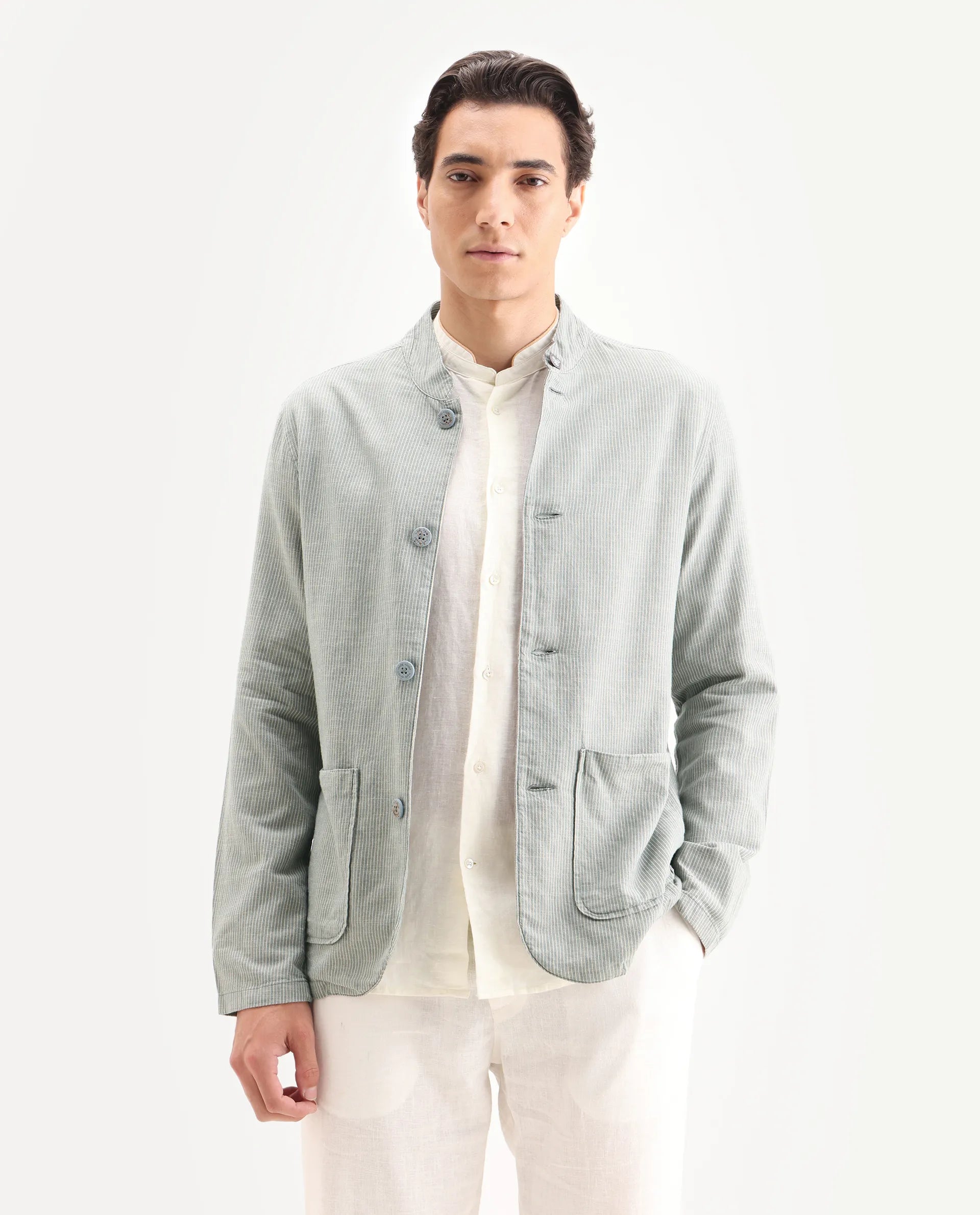 Rare Rabbit Men's Trex Green Linen Blend Striped Print Regular Fit Full Sleeve Mandarin Collar Jacket