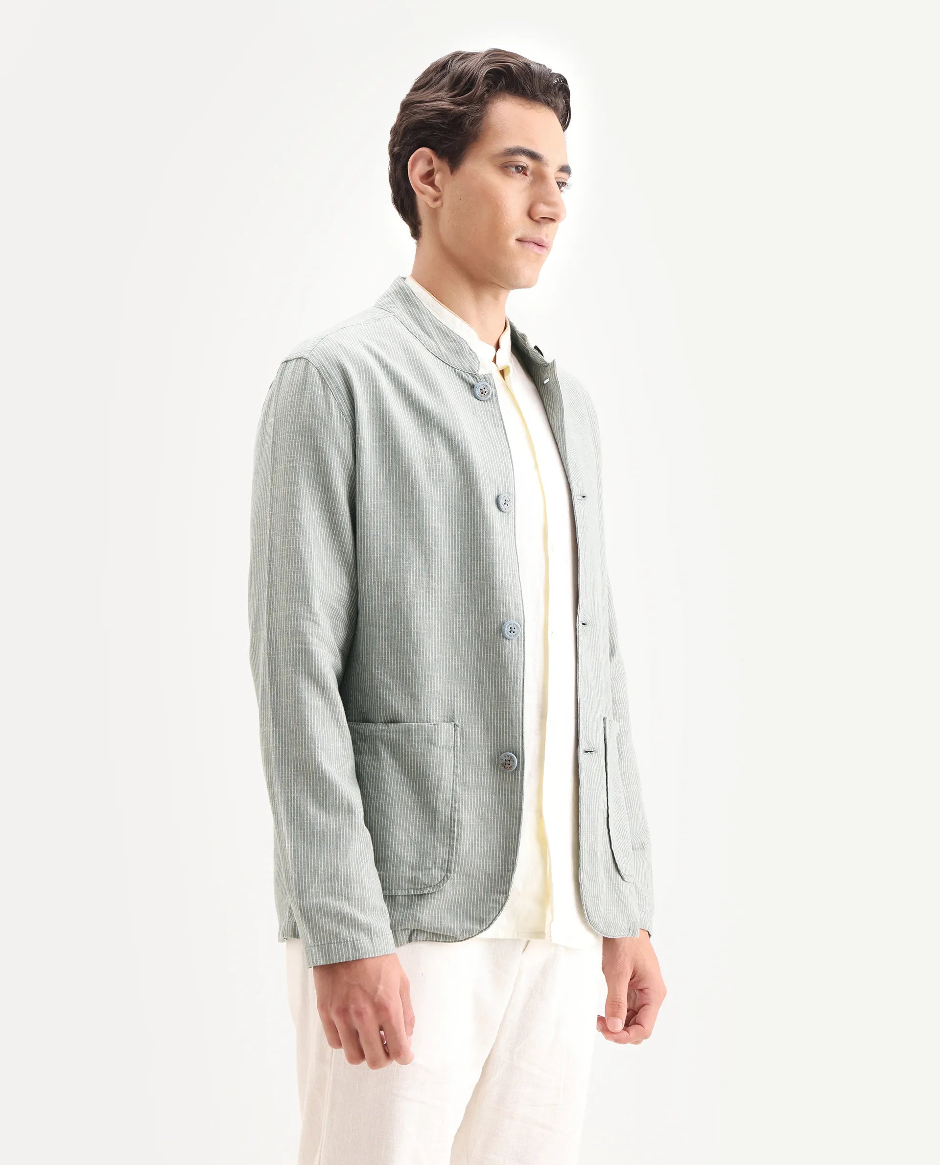 Rare Rabbit Men's Trex Green Linen Blend Striped Print Regular Fit Full Sleeve Mandarin Collar Jacket